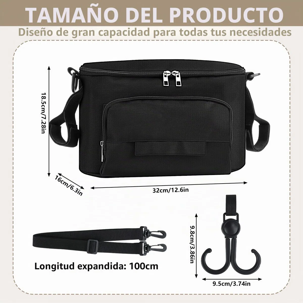 Bolso Carro Bebé Universal, Impermeable Bolsa Organizadora de Cochecitos con Correas, Gran Espacio, Bolsa Organizador de Cochecito para Pañales, Biberón, Pañuelos, Snacks(Negro)