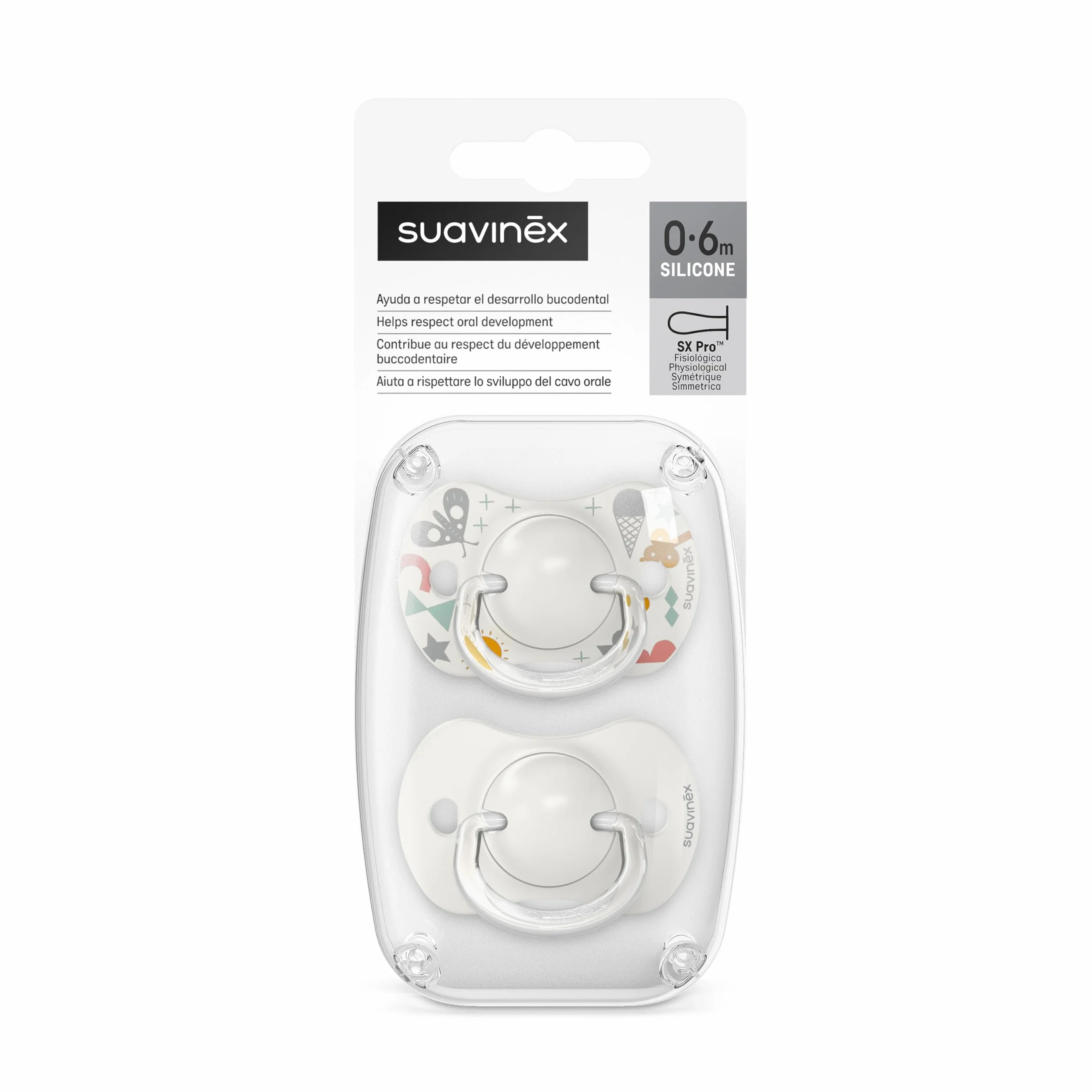 Suavinex Pack de 2 Chupetes con Tetina Fisiológica de Silicona SX Pro para Bebés 0-6 Meses, Walk Gris