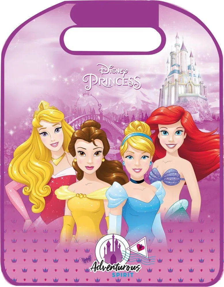 Protector de Asiento Coche Universal | Disney Princesas | Fácil de Fijar con Velcro | Gráficos de Ariel y Bella | PVC Lavable | Niños, Rosa, Cloruro de Polivinilo