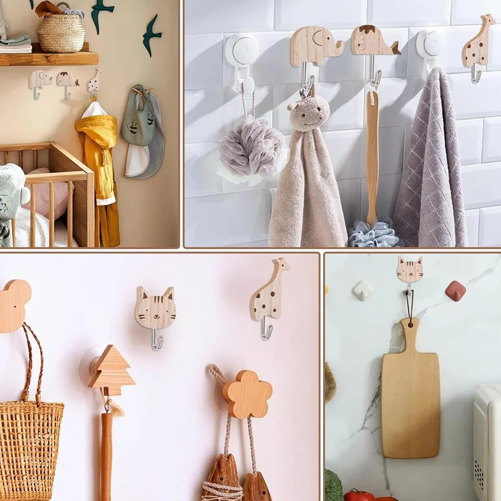 Perchero Infantil Pared Madera Animales Diseño Adorable Colgador Adhesivo Bebé Dormitorio Perchas Adhesivas Fuertes Decoración Infantil (6 piezas)