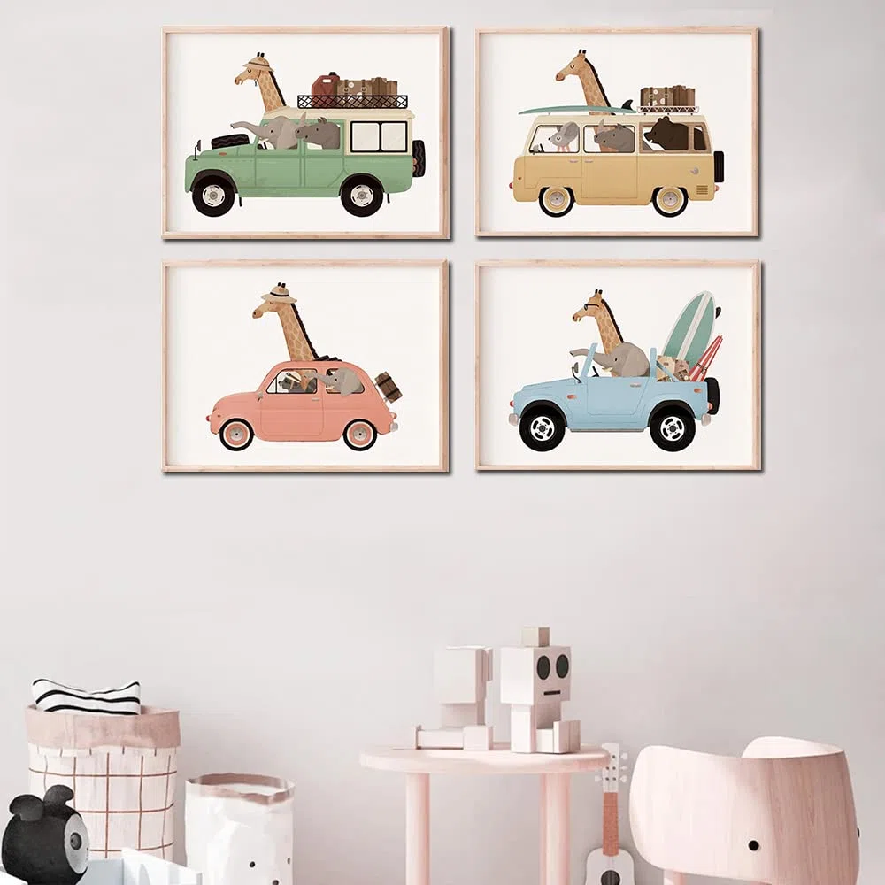 Youihom 4 Laminas Decorativas Pared Niños Automobile Cuadro Animales Habitacion Infantil Lienzo Dormitorio Niña Poster Pared Bebe Cuadros Infantiles 21 x 30 cm sin Marco