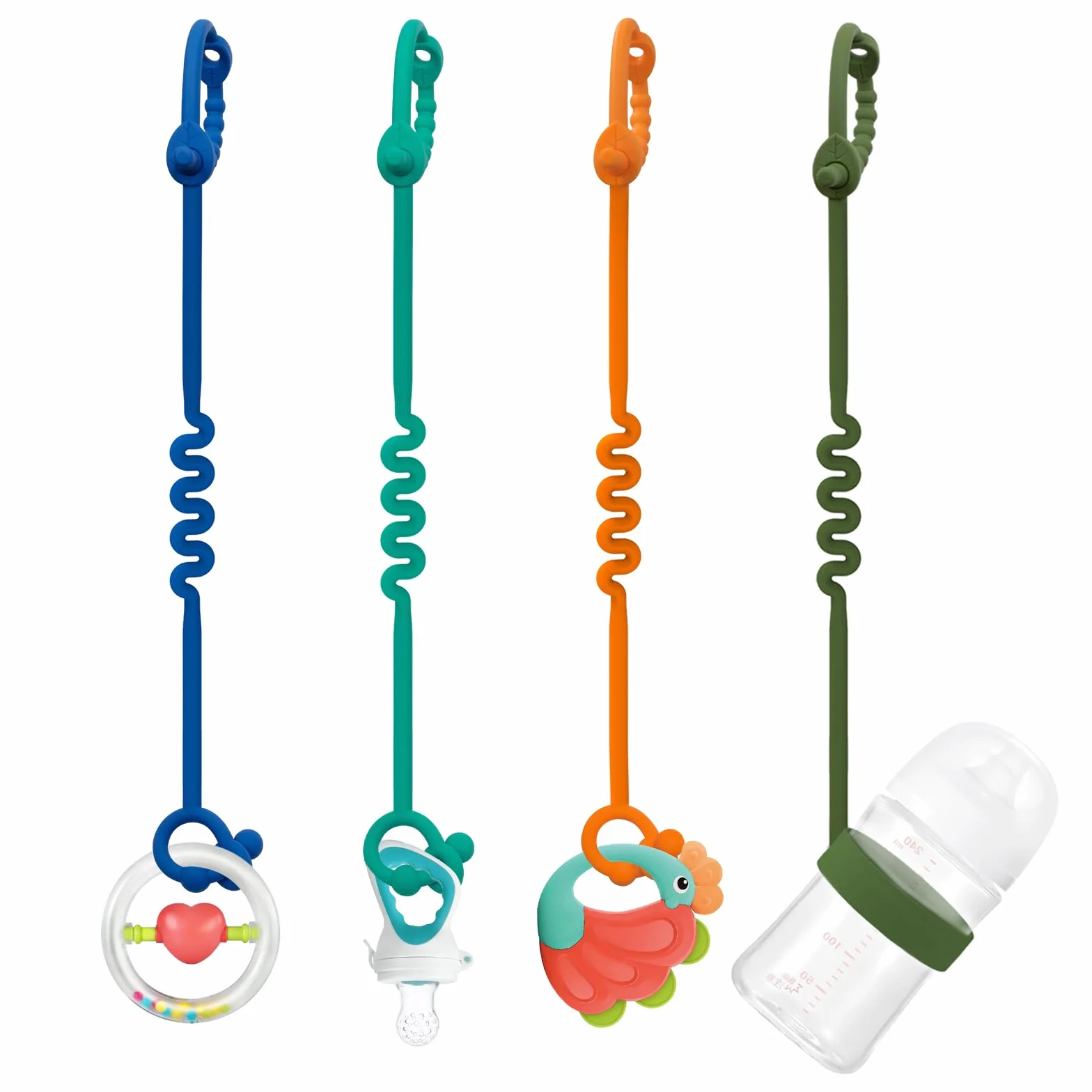 Cadena para chupete de silicona – Correas de juguete ajustables de silicona para bebés y clip de silicona para chupete para cochecitos, tronas, cunas, asientos de coche (hierba+azul+naranja+oliva)
