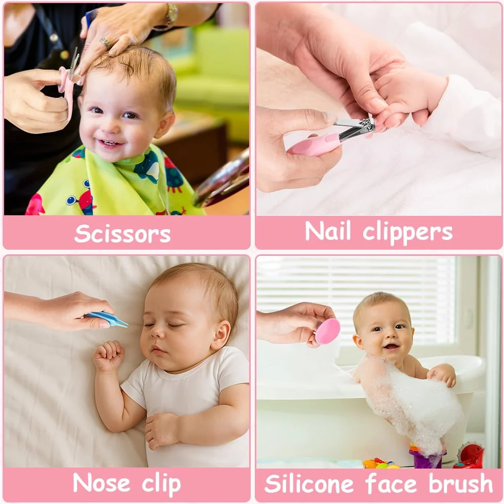 flintronic Set para Cuidado del Bebé, 14 en1, Kit de Cuidado e Higiene para Bebés, Peine, Cepillo, Cepillo de Dientes de Dedo, Cortaúñas(de Madera), Tijeras para Viaje y el Uso Diario, Rosa