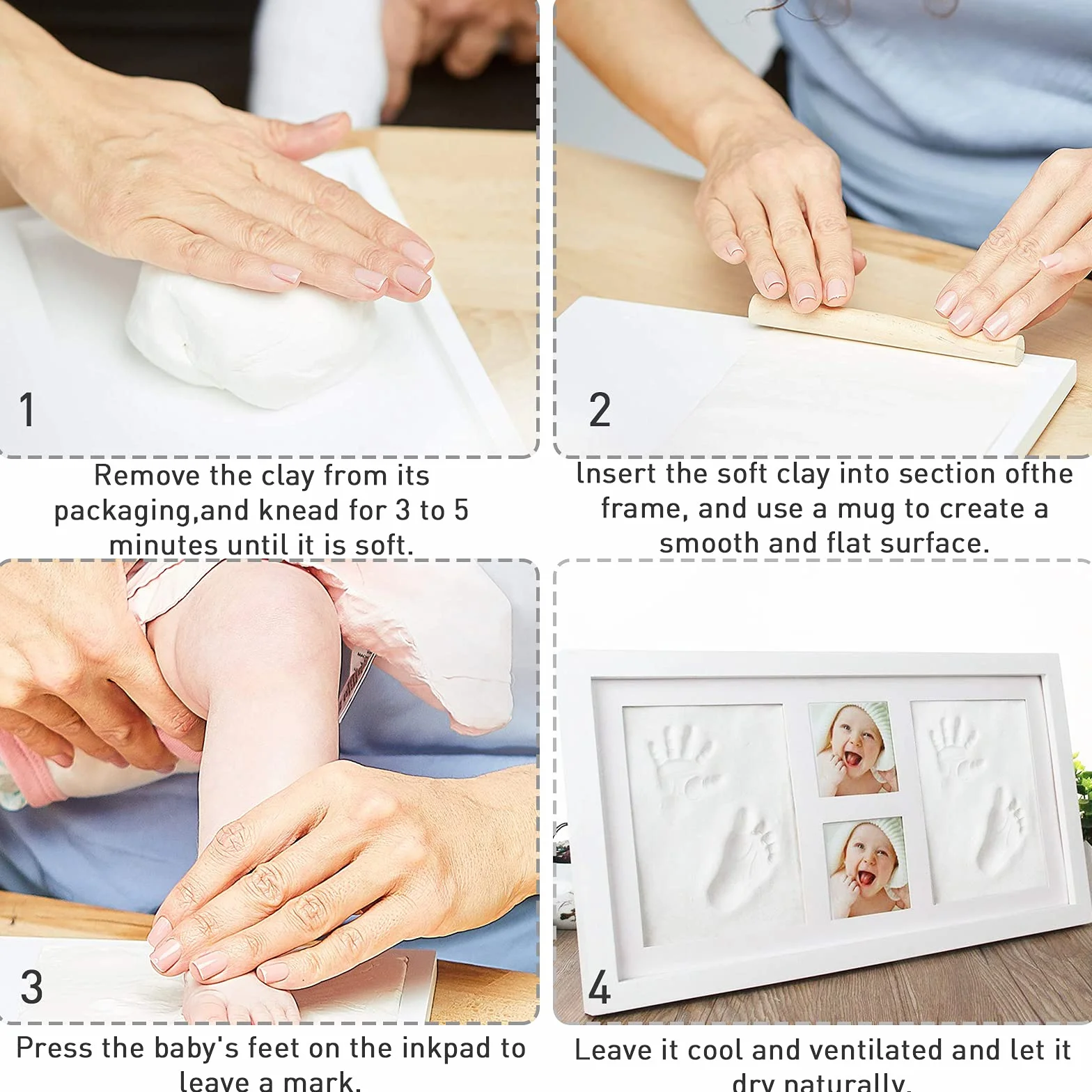 Kit de marco de fotos para huellas de manos y pies de bebé para niños y niñas recién nacidos, kit de huellas de bebé, arcilla de impresión segura para moldear con un marco de madera de primera