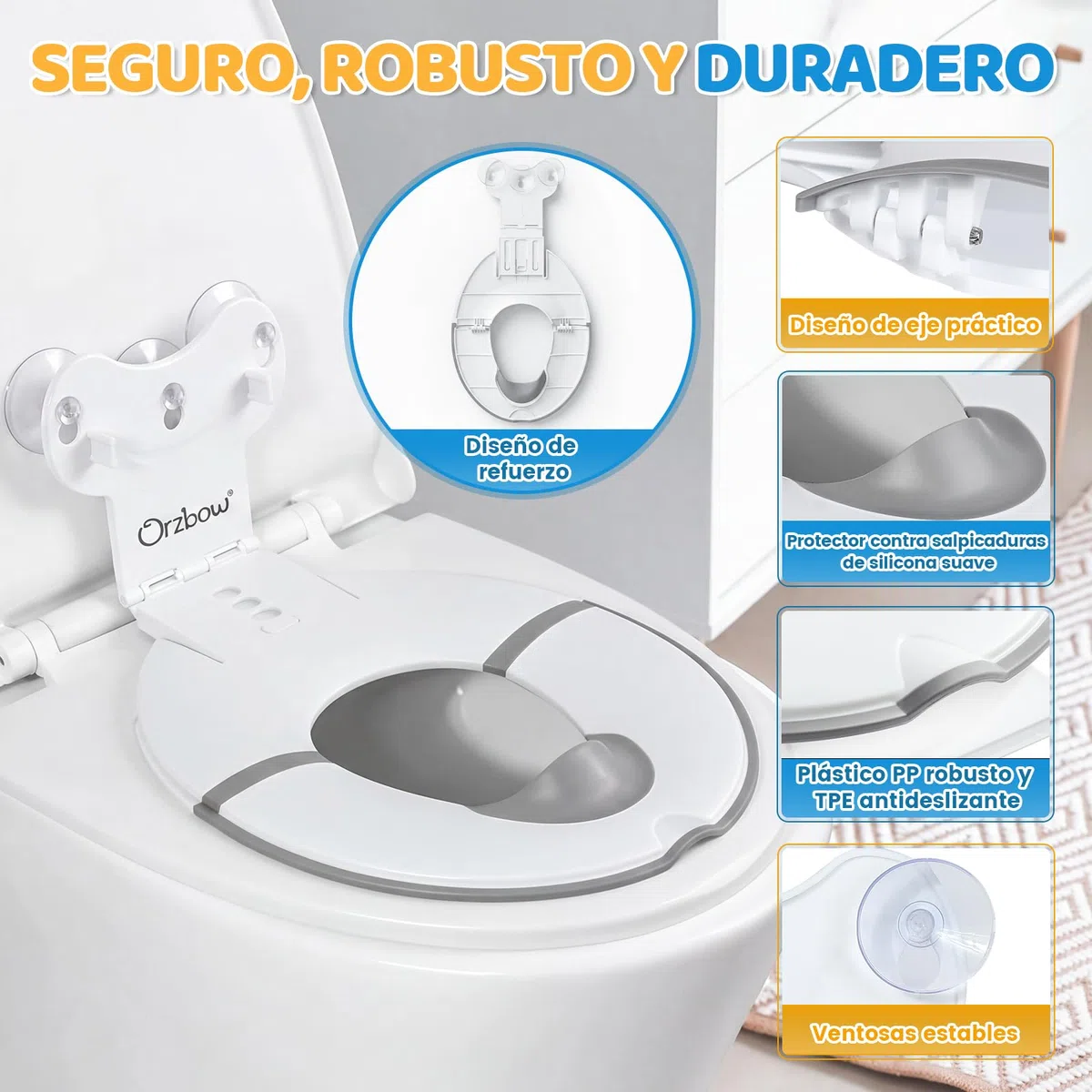 Orzbow Plegable Adaptador Wc Niños, Portatil Reductor Wc Niños con Barrera de Orina de Goma Blanda, Universal Adaptador Baño para Niños con Ventosa, Longitud Ajustable, Fácil de Instalar, Blanco