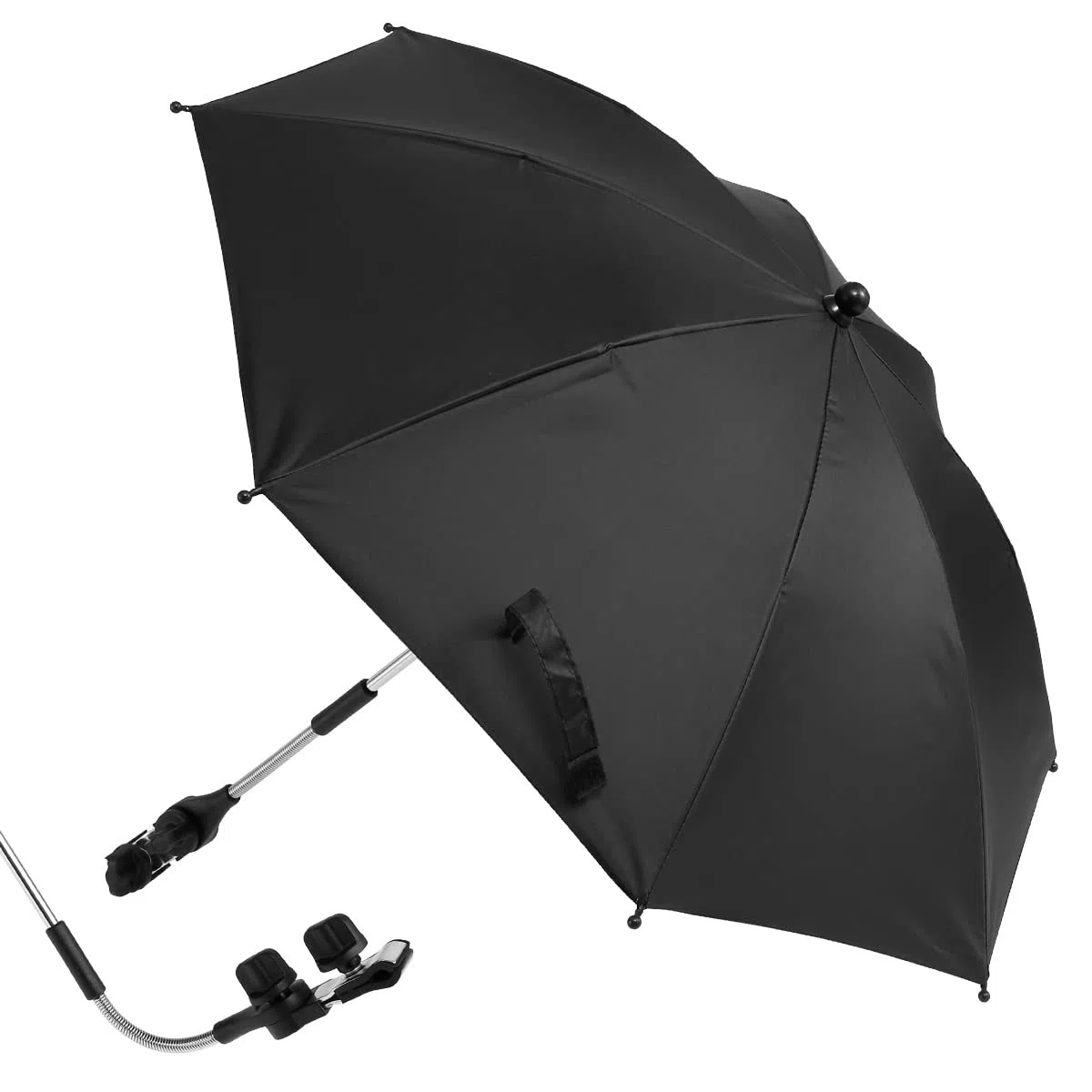 Parasol universal UV 50+ con pinza ajustable y brazo flexible para cochecito, bicicleta, silla de ruedas, silla de playa, Negro , 85CM(B)