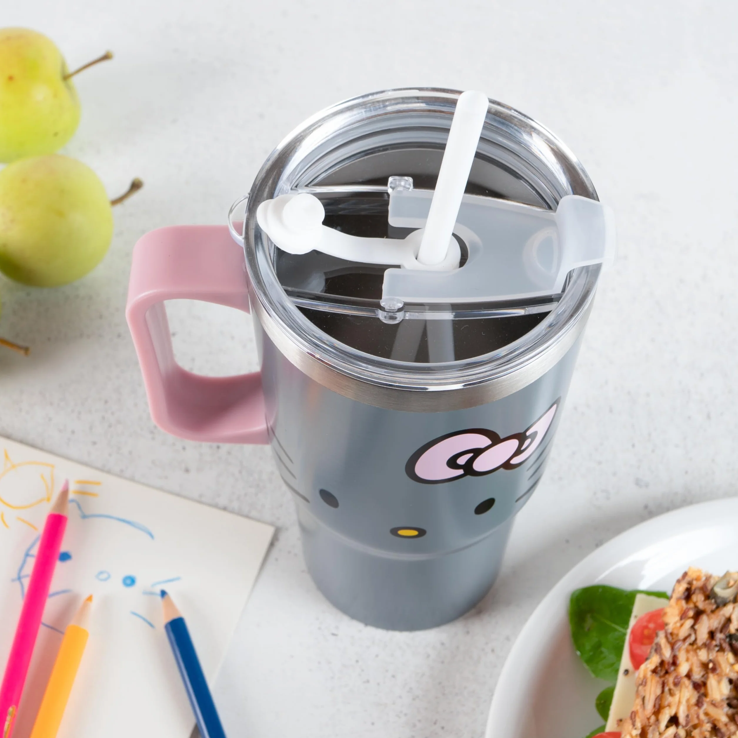 Hello Kitty - Vaso con tapa y pajita para niños, 540 ml, con asa, color gris, apto para bebidas frías