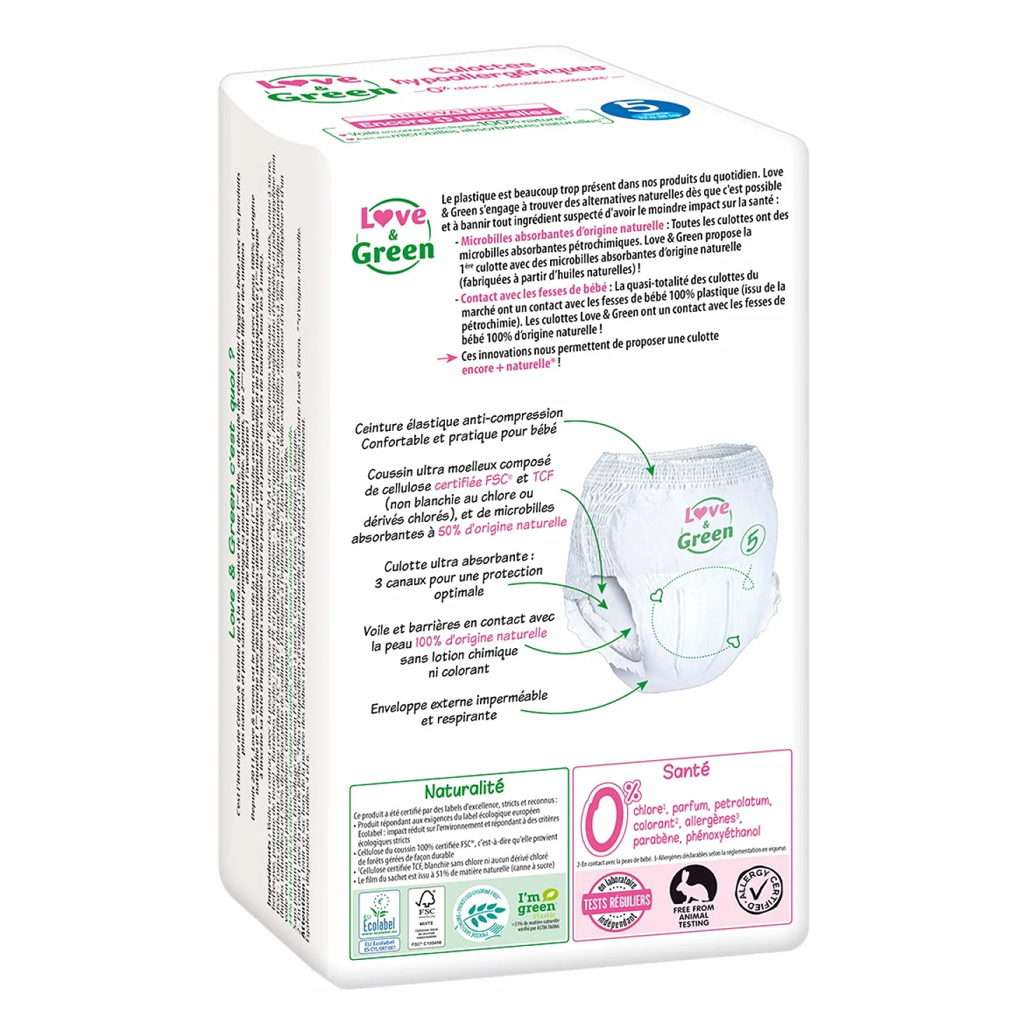 Love & Green - Paquete de 18 pañales hipoalergénicos (talla 5)