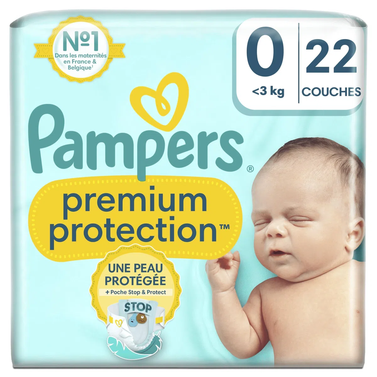 Pampers Premium Protection, Talla 0, 22 capas, <3 kg, Nuestro número 1 para ayudar a mantener la piel sana y seca y la elección n.º 1 de maternidades en Francia*