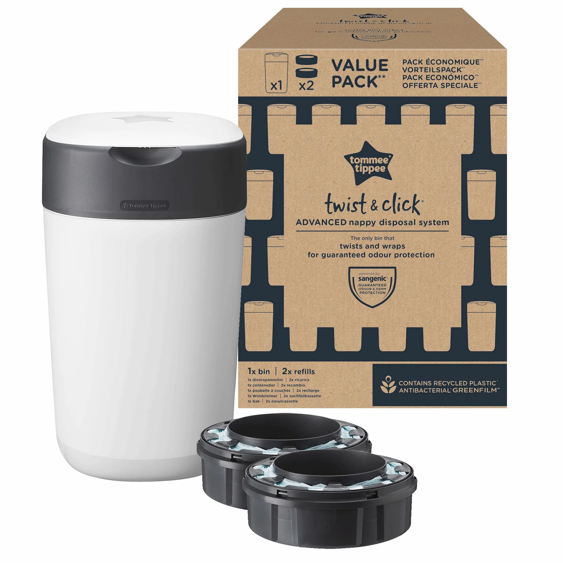 Tommee Tippee Twist & Click Contenedor para Pañales, Pack Exclusivo con 2 Recambios, Protección contra Olores