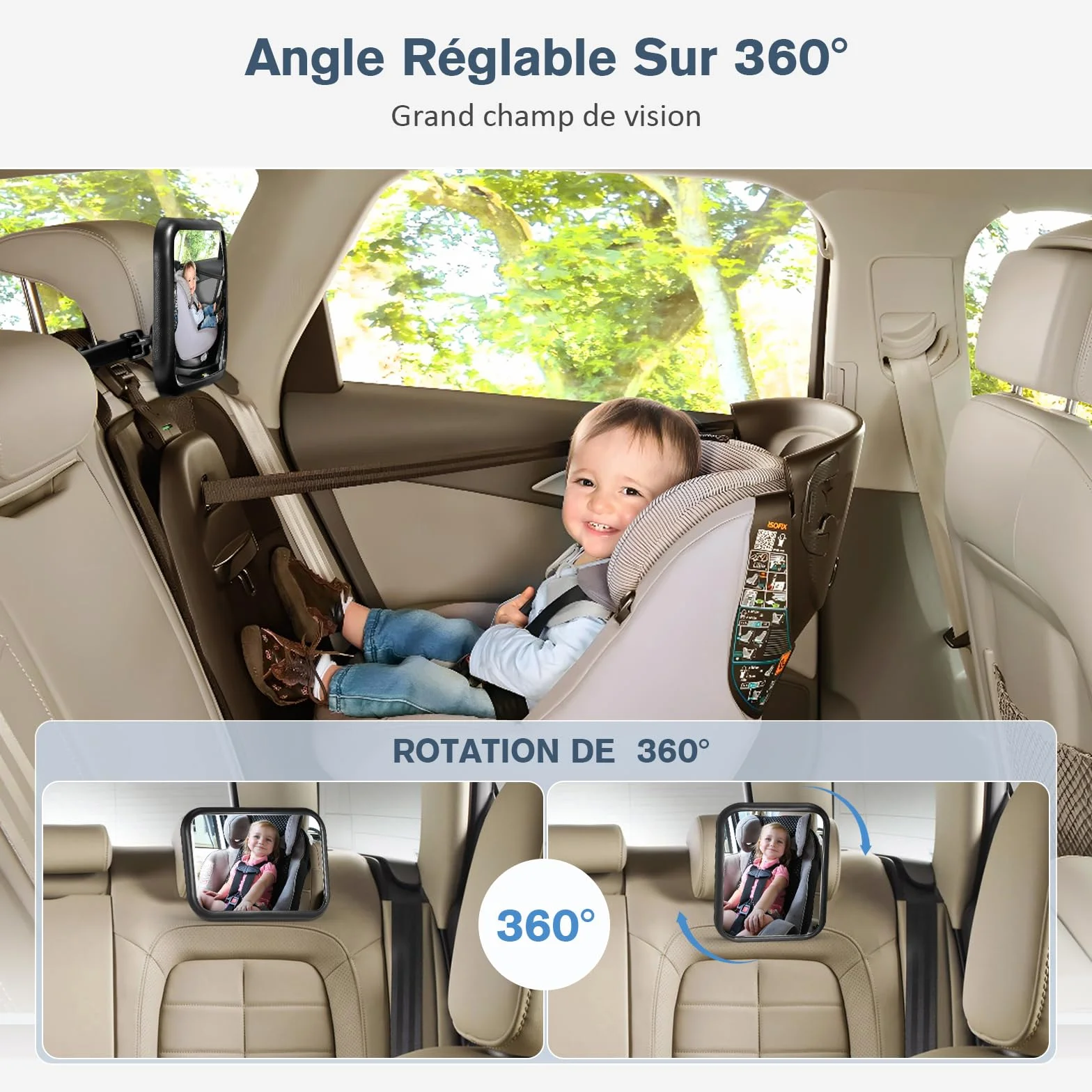 Vinabo Espejo de Coche para bebé Giratorio 360° con Clip de Gancho y Bloqueo de Marcha atrás