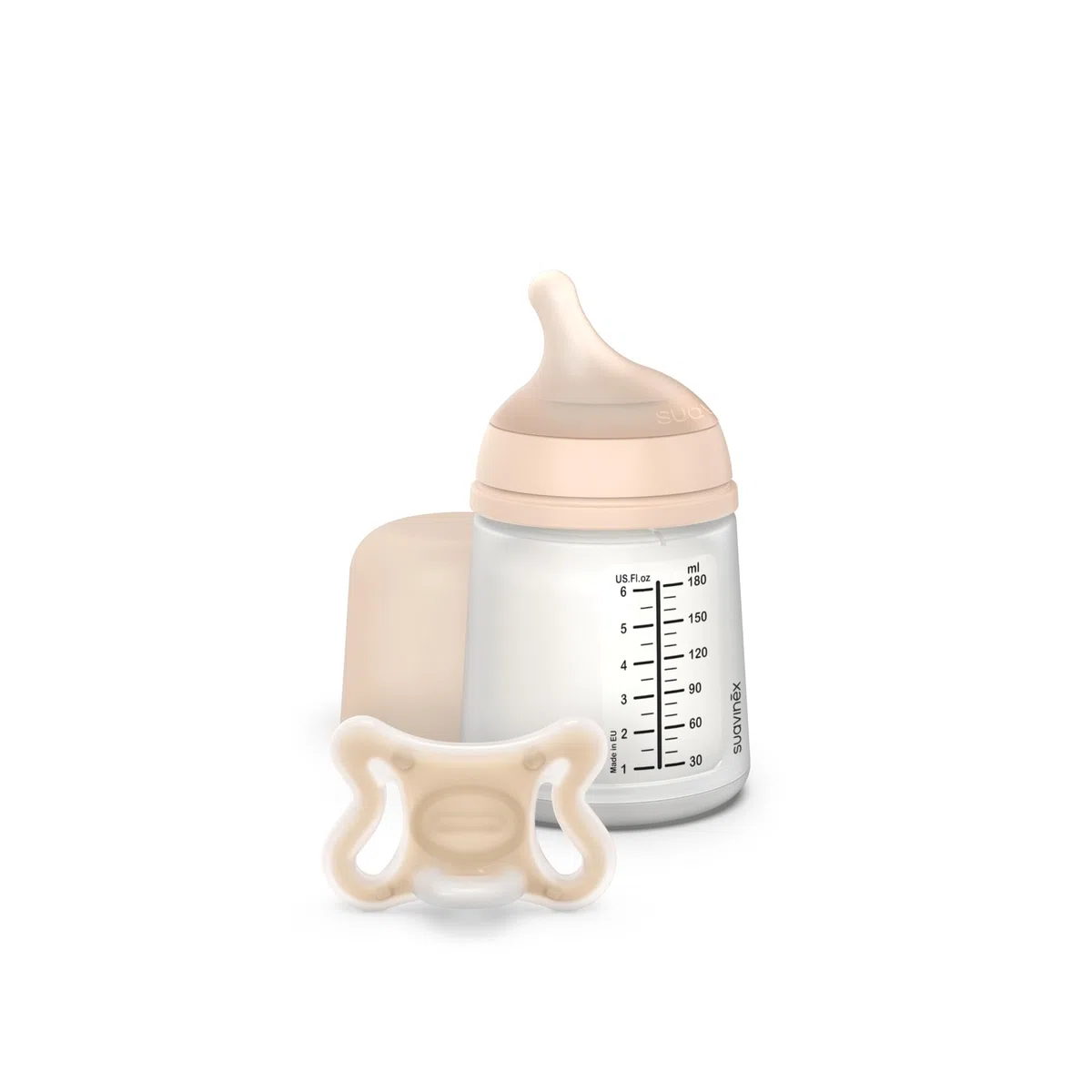 Suavinex, Biberón Anticólico + Chupete Zero Zero. Biberón de 180 ml con Tetina de Flujo Adaptable (A) y Chupete Recién Nacidos Talla -2/2 Meses. Apto Prematuros, Respeta la Lactancia Materna, Fair