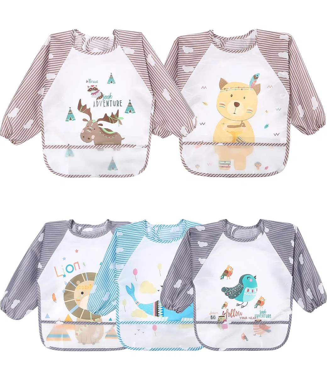 Conjunto de 5 Abero con Mangas Impermeable,Babero de Manga Larga de Bebé con Bolsillo Recoge Comida,con Mangas Impermeable Delantal de Bebé Lavables,para Pintar Artes Bebe Unisex 6 a 36 Meses