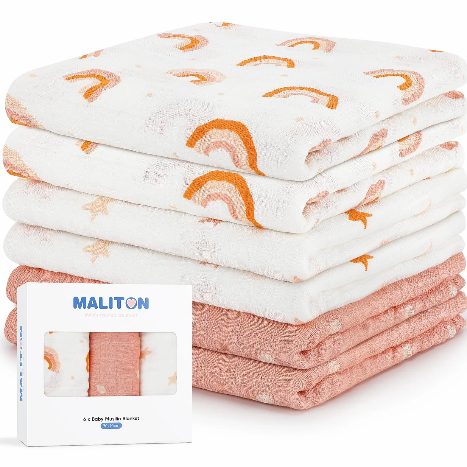 Maliton Paños de Muselinas para Bebé, Paquete de 6 Unidades de 70 x 70 cm, Paquete de Muselina para Bebés, Niñas y Niños, Absorbentes, Paños de Algodón Transpirable para Limpiar, Cuadrados de