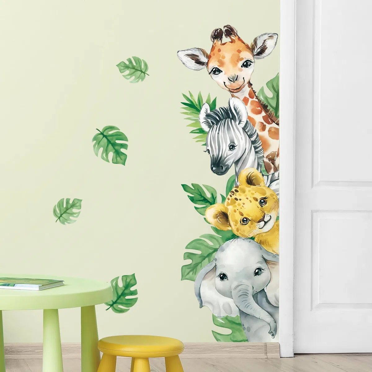 Tanlaby Pegatinas de Pared Animales de la Selva Jungla Murales Vinilos Infantiles Adhesivos Vinilos Jirafa Cebra Hojas Verdes Decorativos Pared para Bebé Habitación Cuarto de Jugar Guardería