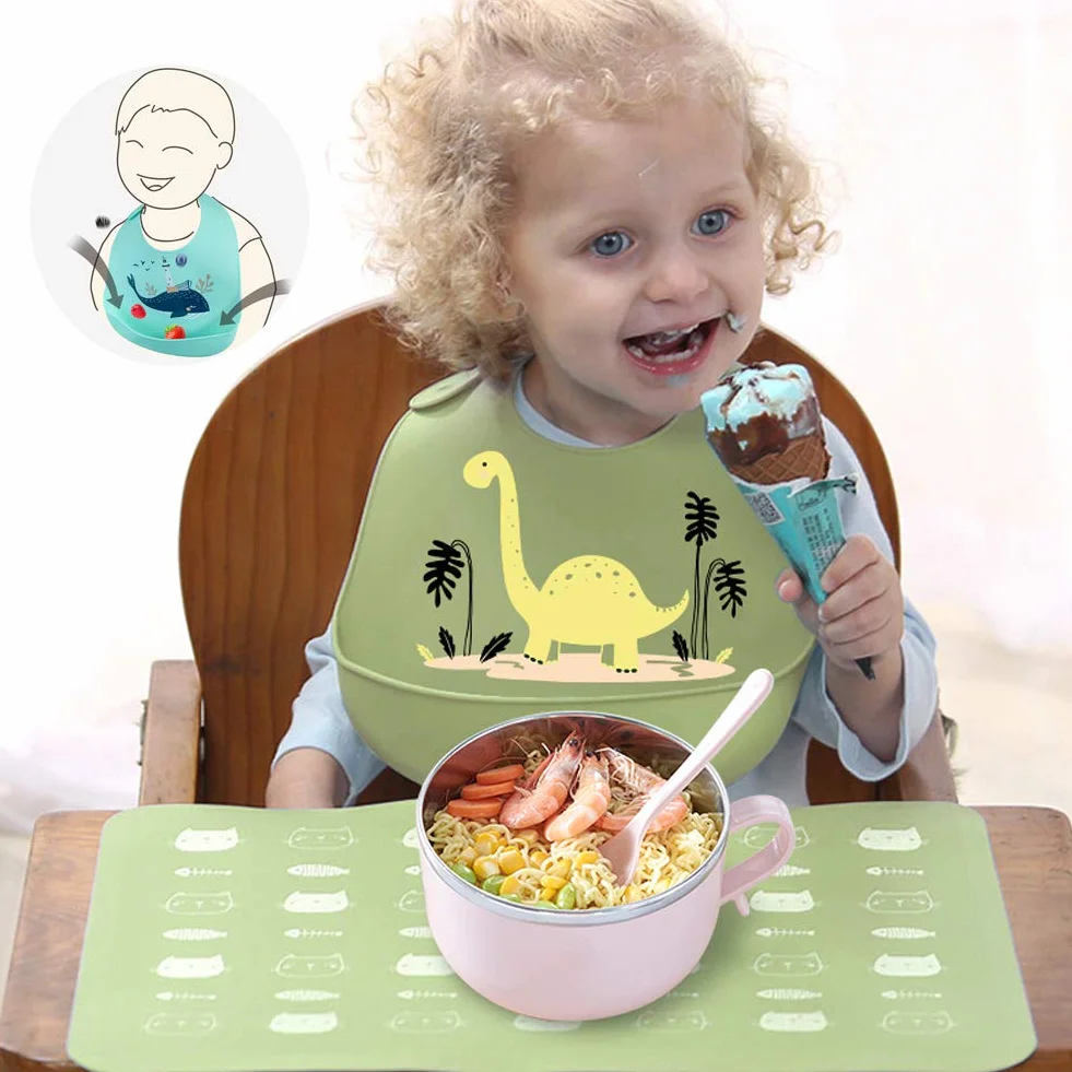3 Pcs Bebé Baberos de Silicona Impermeable Baberos de Alimentación con Bolsillo Baberos Suave que se Limpia Fácilmente para Bebés o Niños Pequeños Comiendo