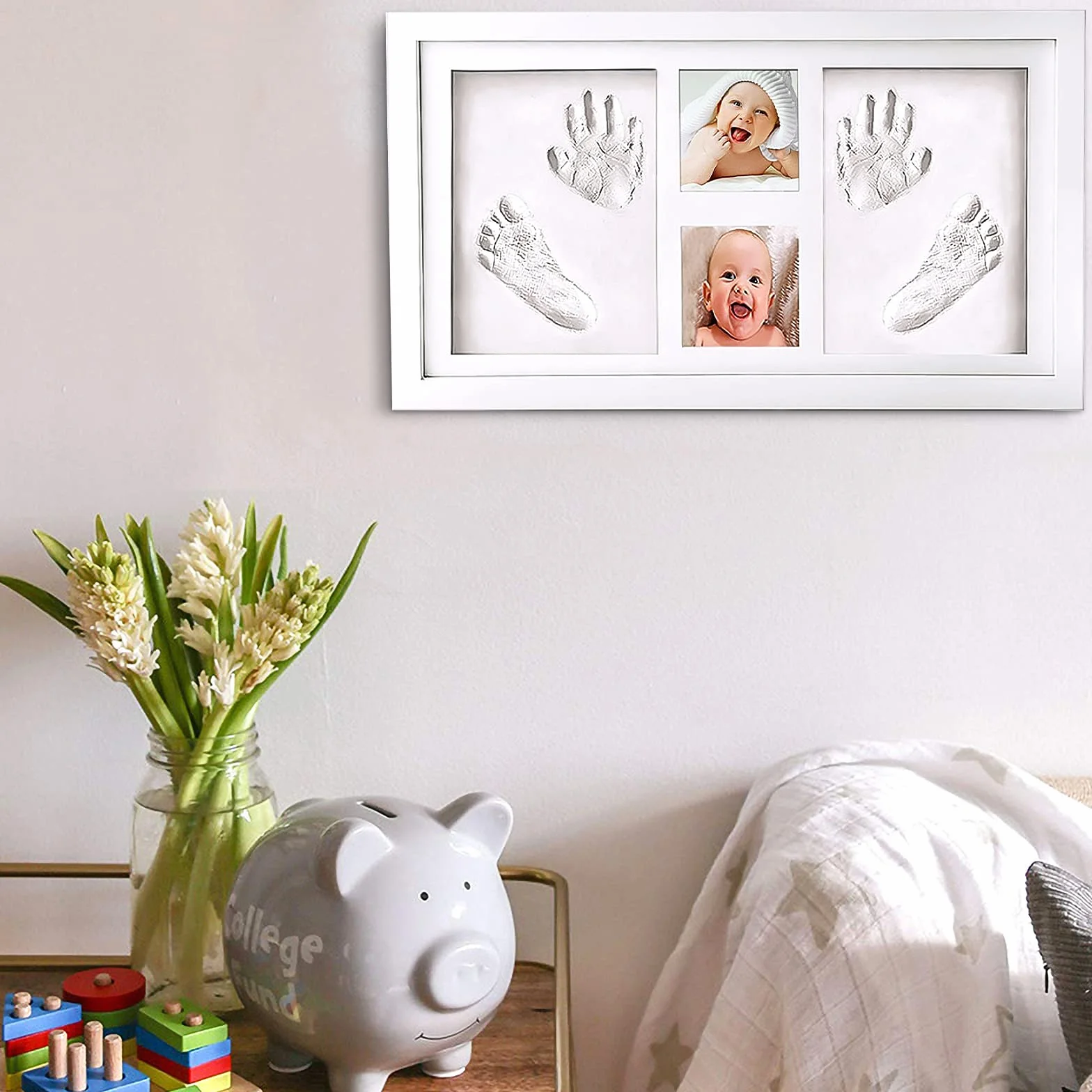 Kit de marco de fotos para huellas de manos y pies de bebé para niños y niñas recién nacidos, kit de huellas de bebé, arcilla de impresión segura para moldear con un marco de madera de primera