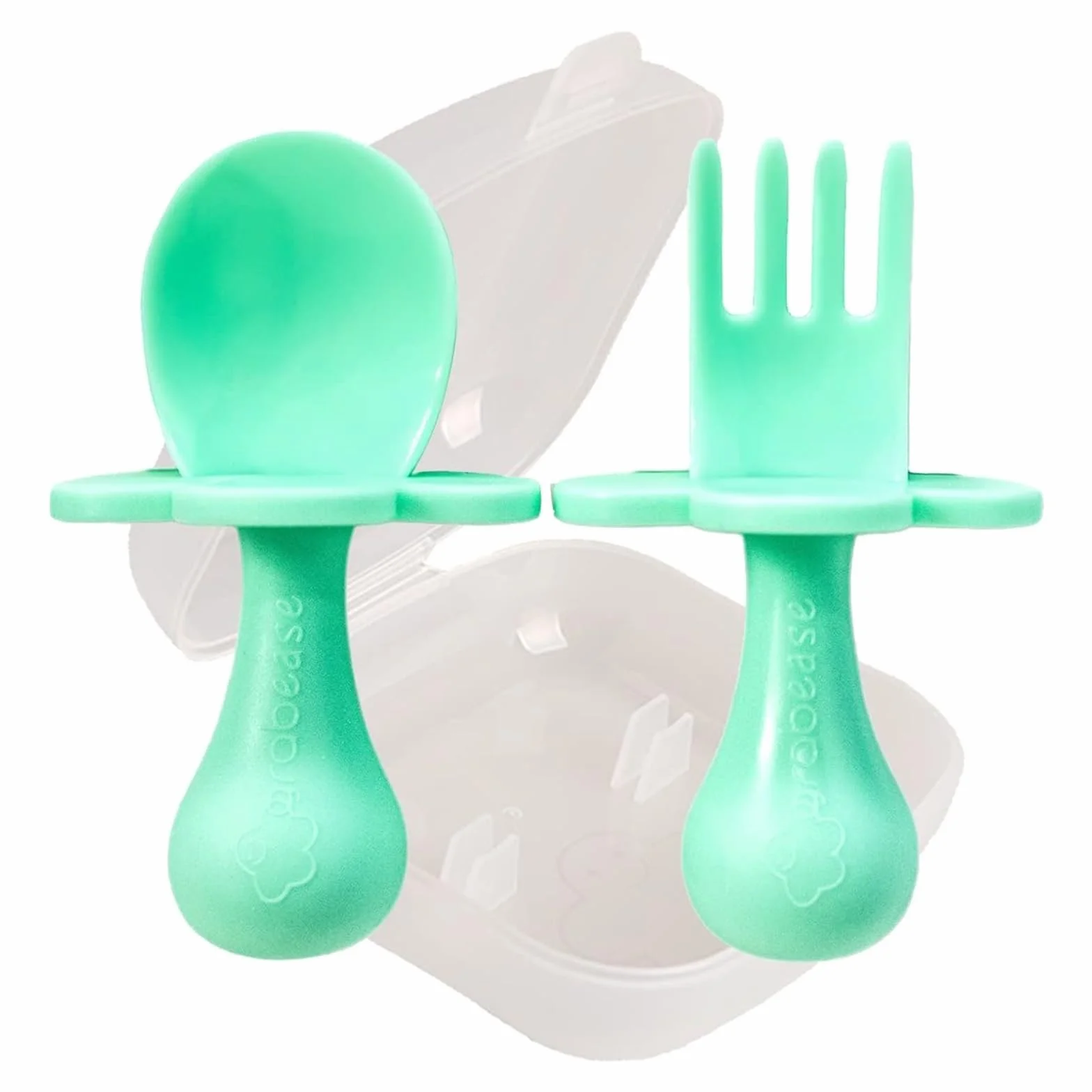 grabease Utensilios de autoalimentación, Juego de cuchara y tenedor para el destete, Con barreras protectoras para evitar el ahogo y las arcadas para Unisex Bebé Menta 2 Unidad (Paquete de 1)