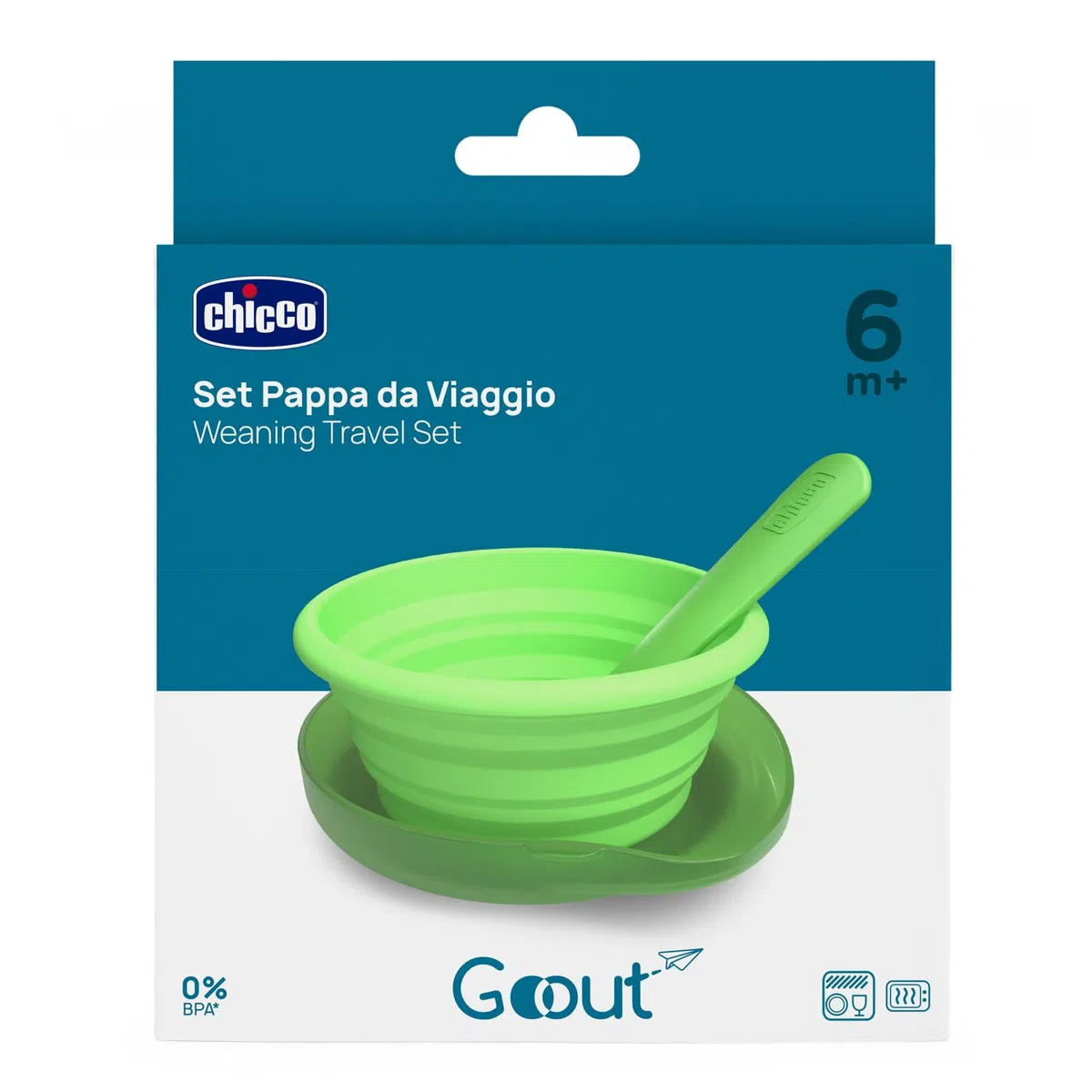 Chicco Set de Comida de Viaje, Plato plegable de silicona de 250 ml, Cuchara práctica, Funda compacta, Ideal para viajar, Kit de comida portátil, Cómodo y fácil de transportar, 6 meses+, Verde