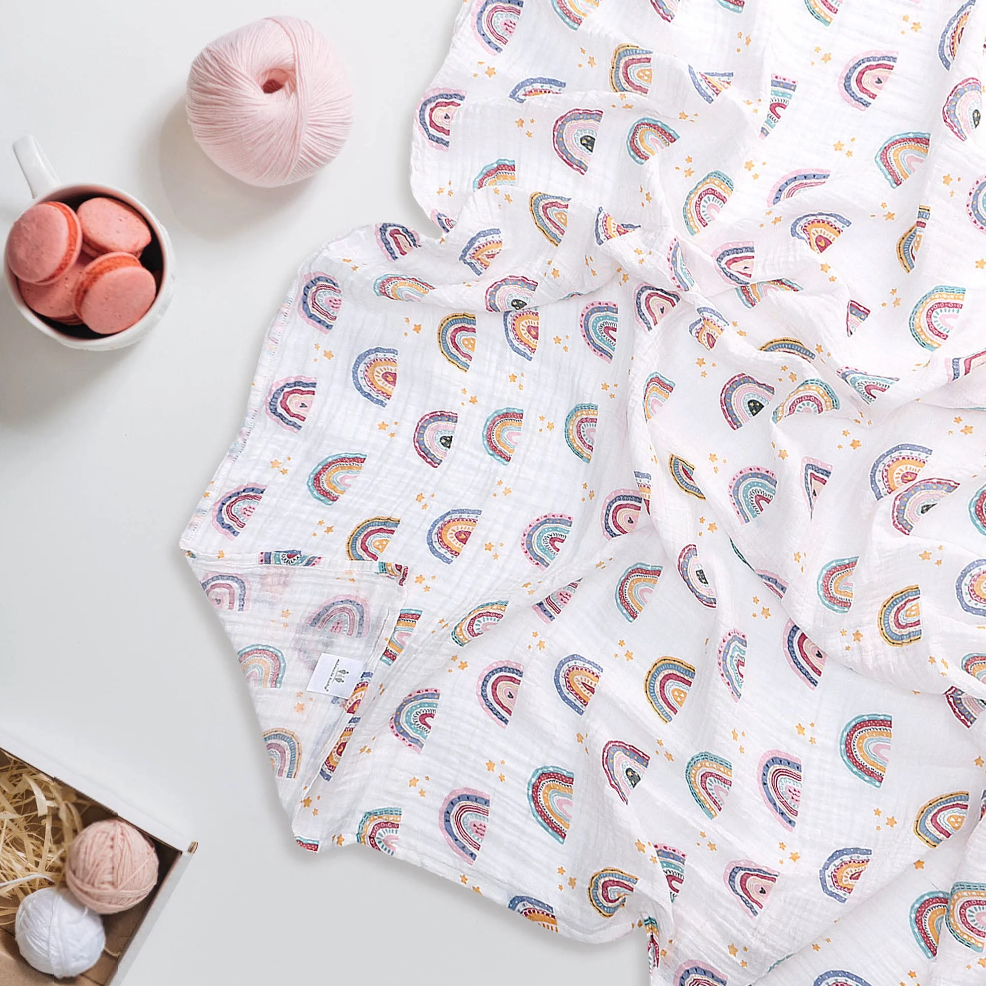 Miracle Baby Muselina bebé,110x150cm,Manta de Algodón,Swaddle Blanket de Arrullo para Bebe,Baño De Envolver para Recién Nacido(Estrella Arcoiris,Sola Capa)