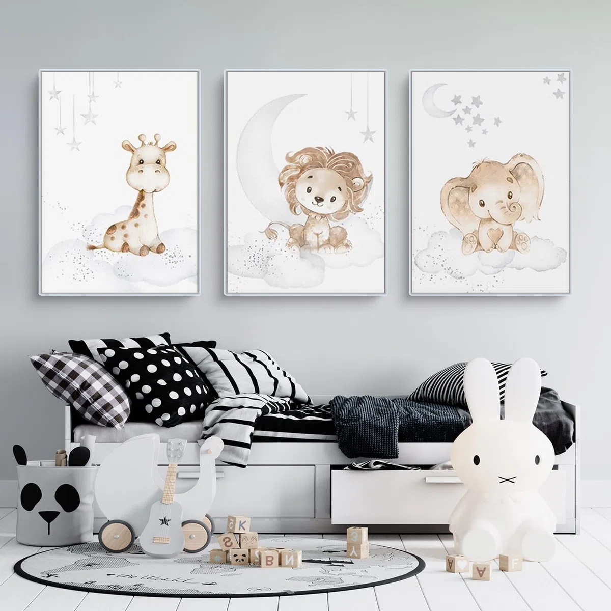 EXQUELEG Juego de 3 pósteres infantiles, diseño de conejo y jirafa, imágenes decorativas sin marco, motivos de animales