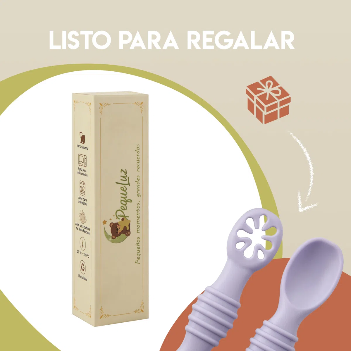 Cucharas Bebé 6 Meses BLW – Set 2 Cubiertos Bebé Silicona LFGB | Cucharas Aprendizaje Antiahogo | Fácil Agarre | Sin BPA | PequeLuz