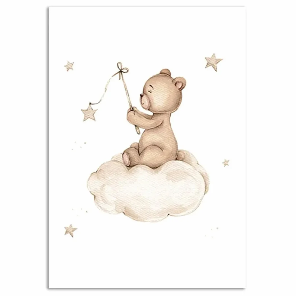 3 Laminas Personalizadas Nombre Bebé Oso Estrellas Nube Luna Cuadro Tonos Marrones Animales Decoración Pared Dormitorio Niño Beige Poster Habitacion Infantil Regalo Lienzo 30 x 40 cm Sin Marco