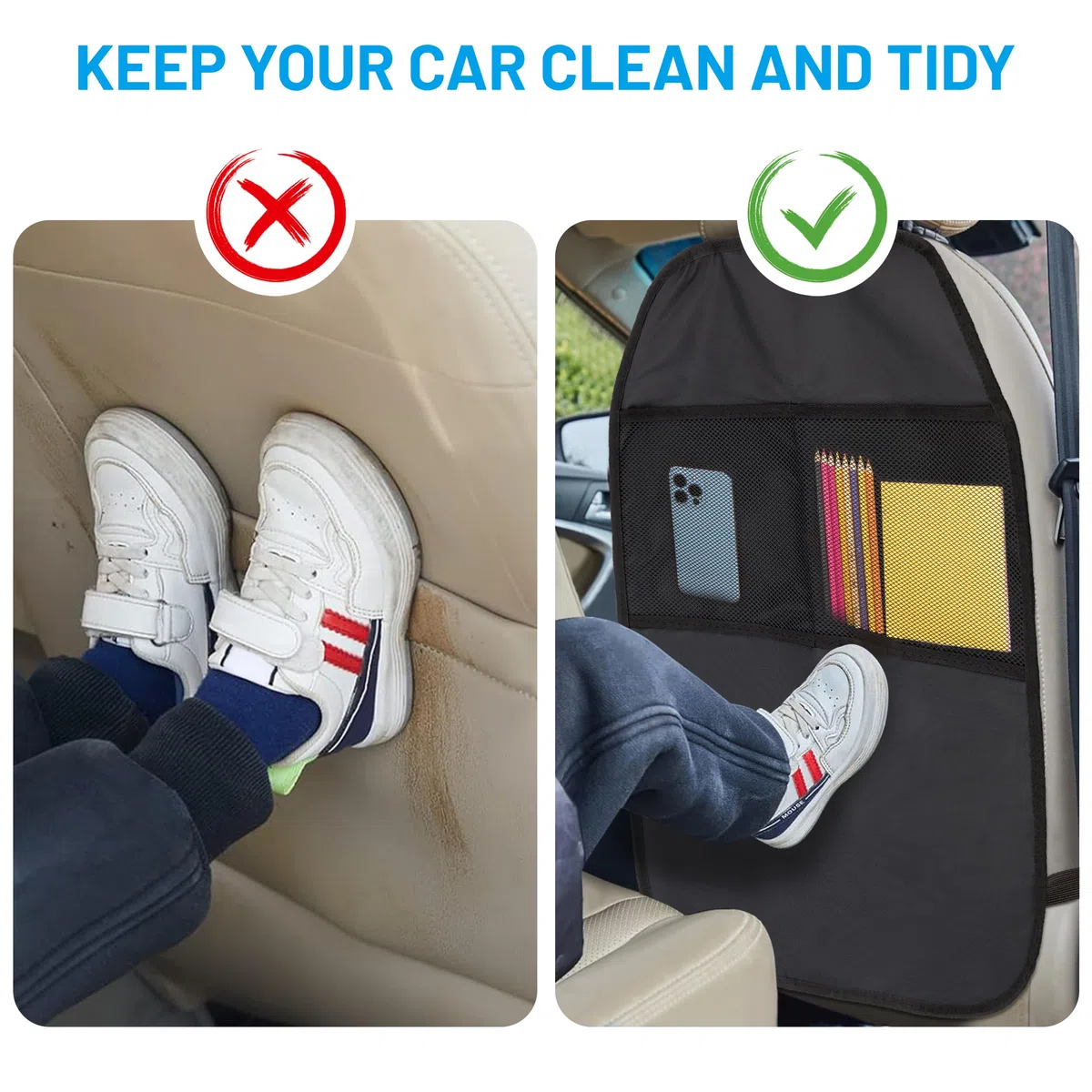 Protector de Asiento de Coche Organizador Asiento Coche para Niños con 2 Bolsillos de Malla Protector 2 Piezas Negro para Respaldos
