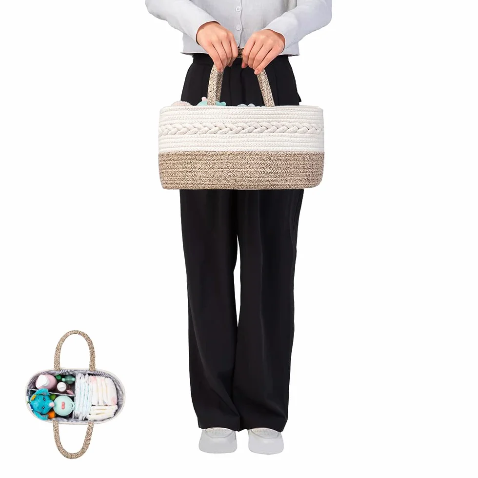 YEONHWA Caja de almacenamiento de pañales para bebé, cesto de almacenamiento de algodón para bebé de cuerda tejida, con asa portátil y gran caja de almacenamiento para el vestidor, beige