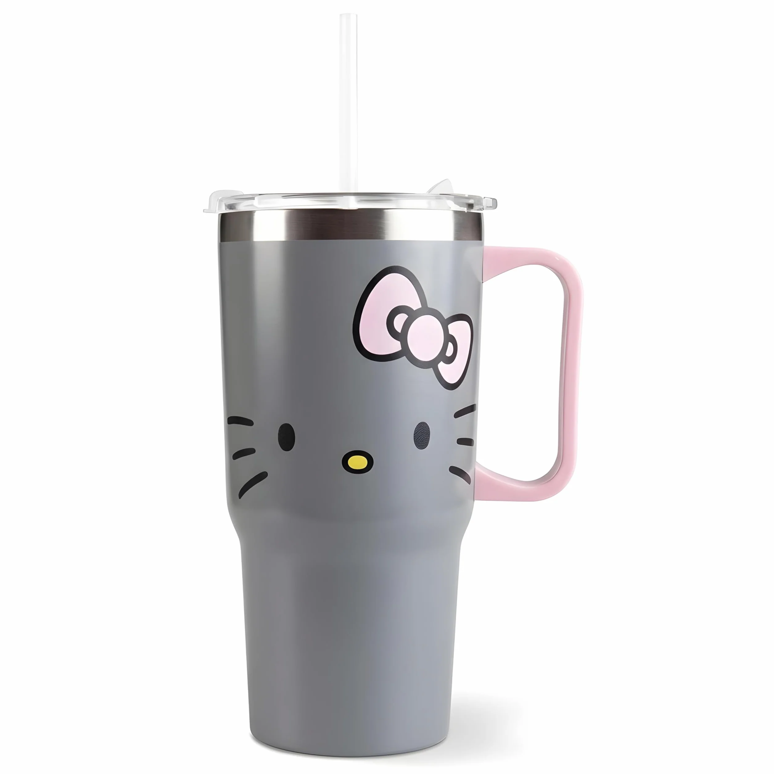 Hello Kitty - Vaso con tapa y pajita para niños, 540 ml, con asa, color gris, apto para bebidas frías