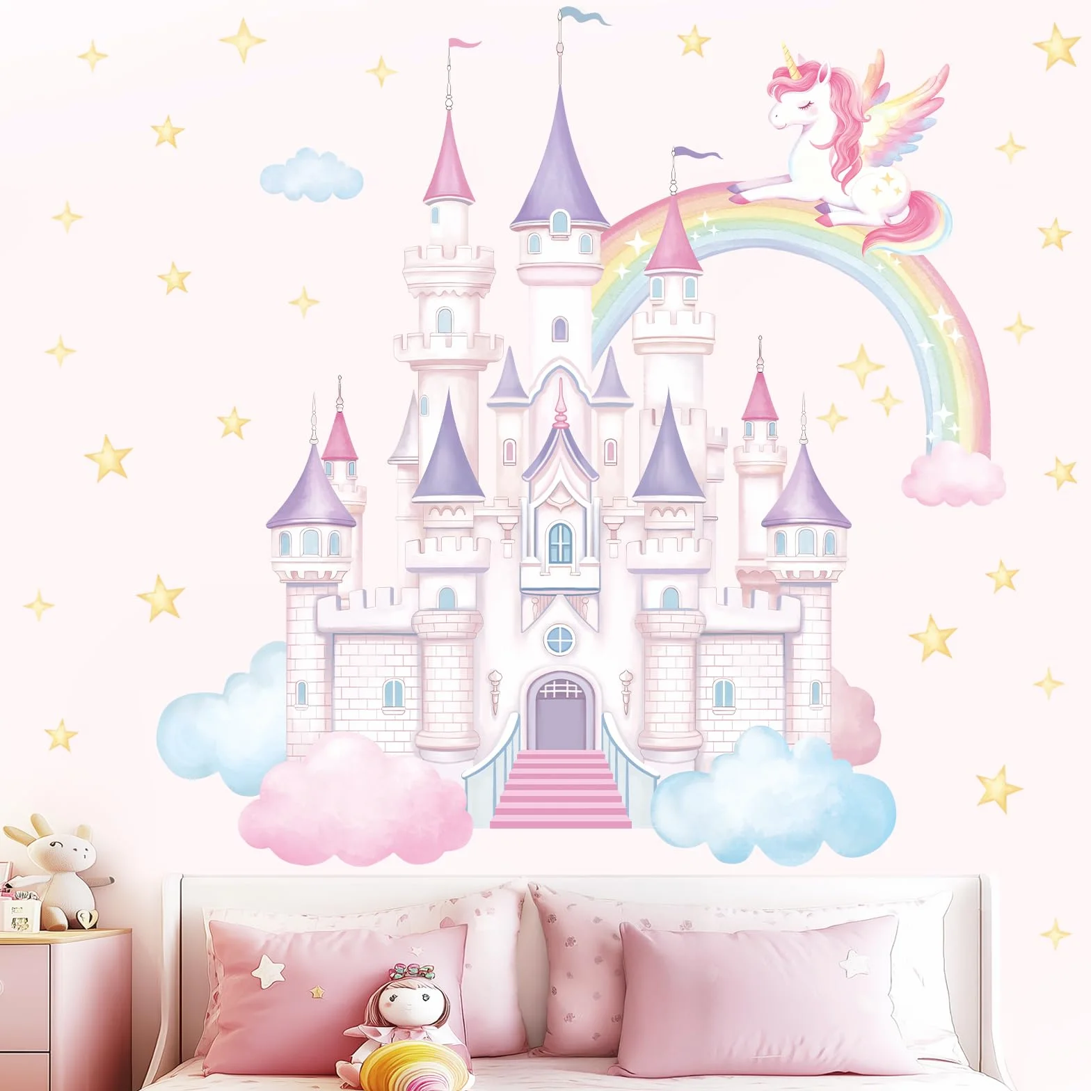 SHUCHING Pegatinas de Pared Castillo Grande, Vinilo Adhesivo Pared Unicornio Arcoíris, Vinilos Decorativos para Dormitorio Infantil Habitación Niña