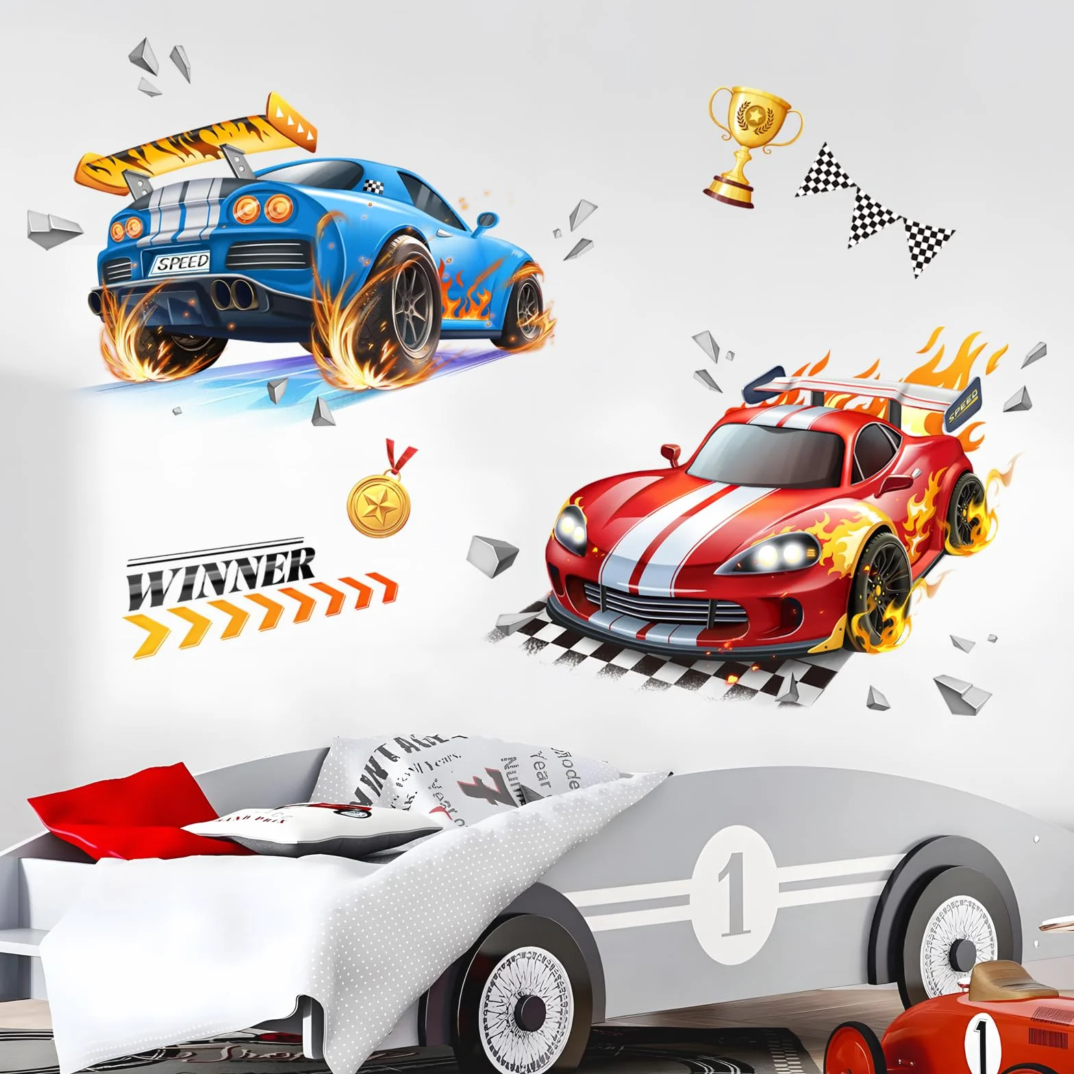 Pegatinas de Pared 3D Coches de Carreras Vinilos Decorativos Rojo Azul Banderas Adhesivos para Infantiles Niño Dormitorios