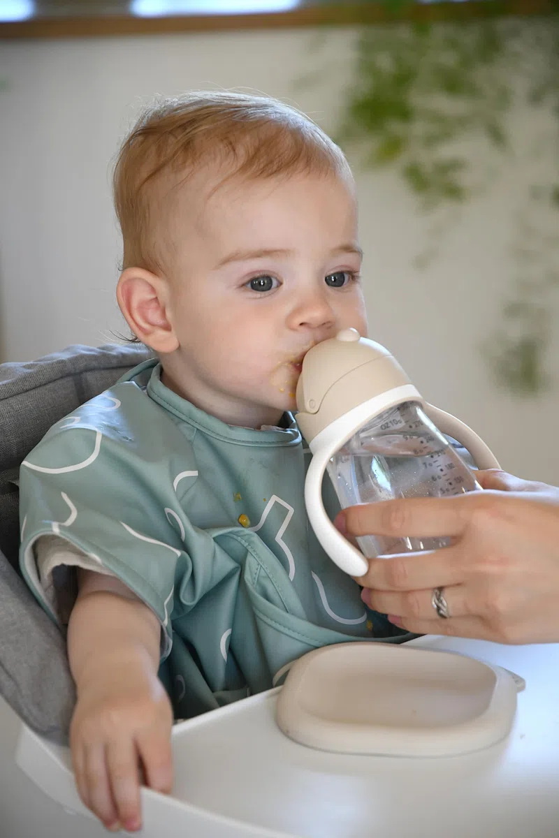 BÉABA, Biberón/Vaso de Aprendizaje 2 en 1, Vaso con Pajita Niño, 100% Estanca, Antigoteo, Fácil de Abrir, Asas Extraíbles, Tritan y Silicona, 300 ml, Arcilla