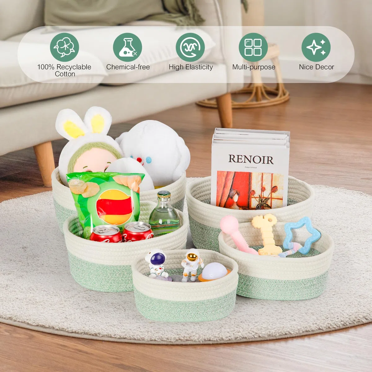 Juego de 5 Cestas Almacenaje de Cuerda de Algodón, Cestas Organizadoras Baño, Cesta Juguetes Bebe, Cesto Toallas Baño, Cajas Almacenaje Decorativas, Blanco & Verde