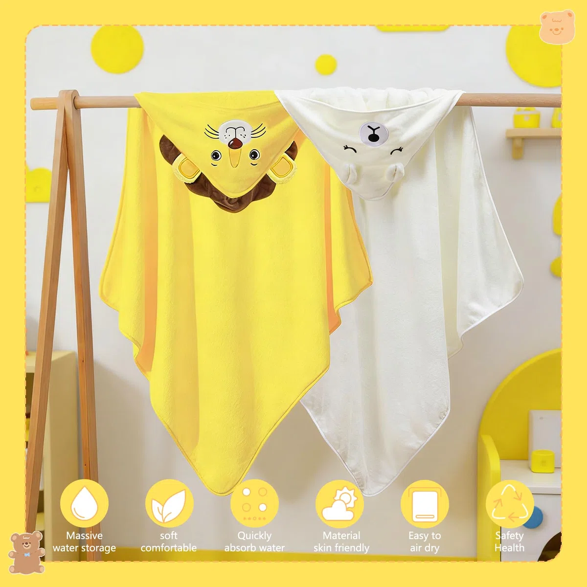 2 toallas de bebé con capucha, 80 x 80 cm, toalla con capucha para bebés, bonita forma de animal, oso blanco y león amarillo, para baño de bebé, unisex
