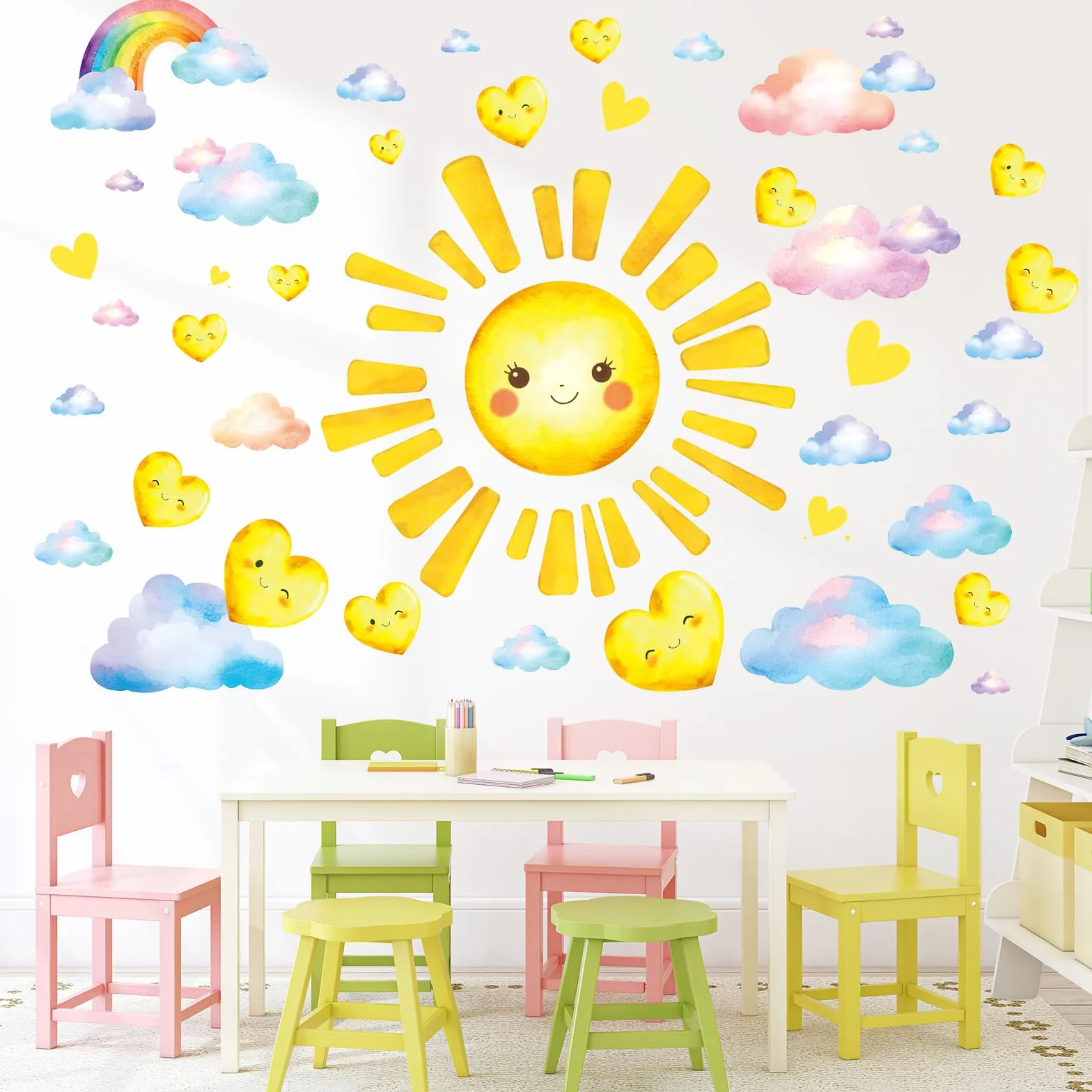 SHUCHING Pegatinas de Pared Sol Grande, Vinilo Adhesivo Pared Nubes para Niños, Vinilos Decorativos para Dormitorio Infantil