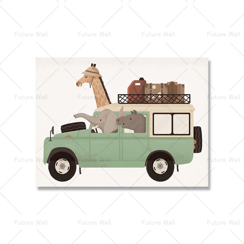 Youihom 4 Laminas Decorativas Pared Niños Automobile Cuadro Animales Habitacion Infantil Lienzo Dormitorio Niña Poster Pared Bebe Cuadros Infantiles 21 x 30 cm sin Marco