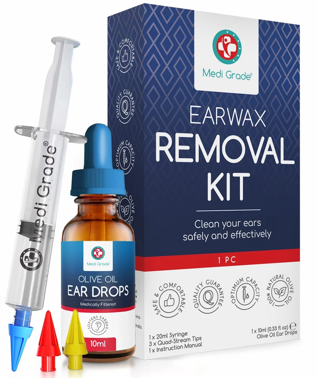 Medi Grade Kit de Jeringuilla para Limpieza de Oídos con Aceite de Oliva y 3x Puntas Suaves para Sacar Cera - Limpiador de Oídos Reutilizable - Limpia Oídos Casero - Mejora la Audición