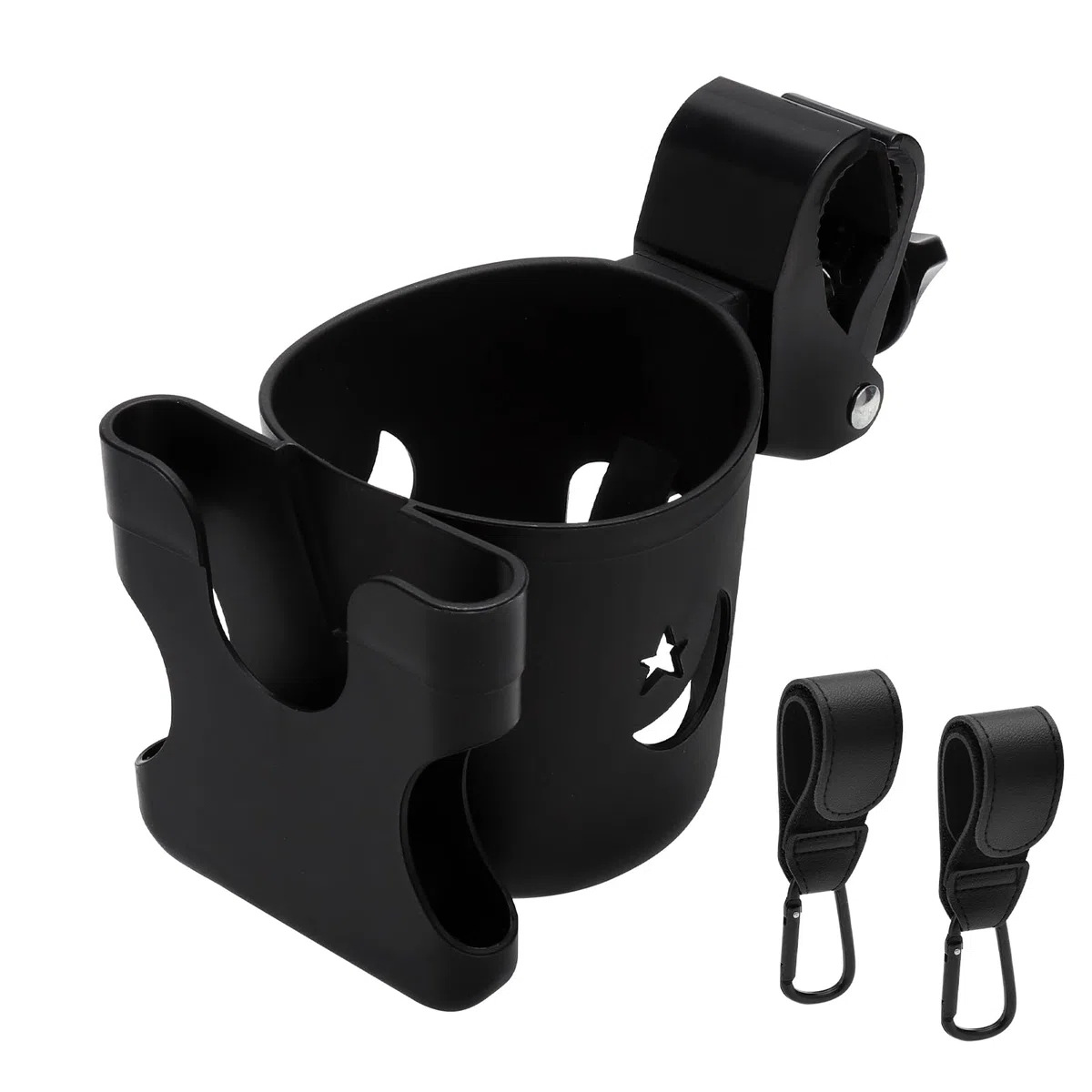 VOSSOT Portavasos Carrito Bebe, 1 Portavasos para Cochecito con 2 Ganchos para Cochecito de Bebé, con Rotación de 360 Grados, Accesorios Carrito Bebe Negro