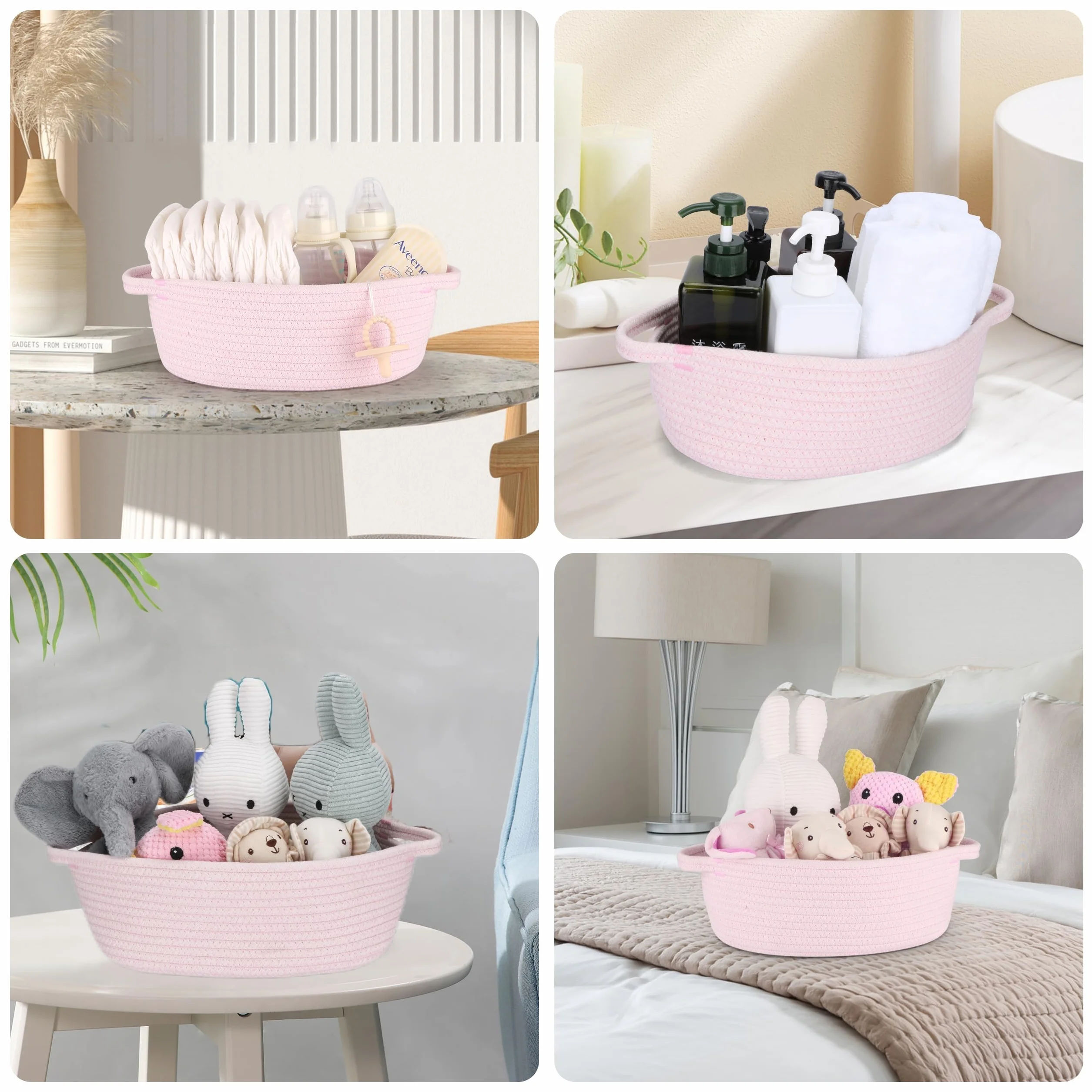 Cestas de regalo vacías, Cesta de almacenamiento de cuerda de algodón trenzada rosa con bolsa y cinta, cesta organizadora pequeña para bebé, juguetes, Baby Shower, cesta tejida decorativa 30x20x12 cm