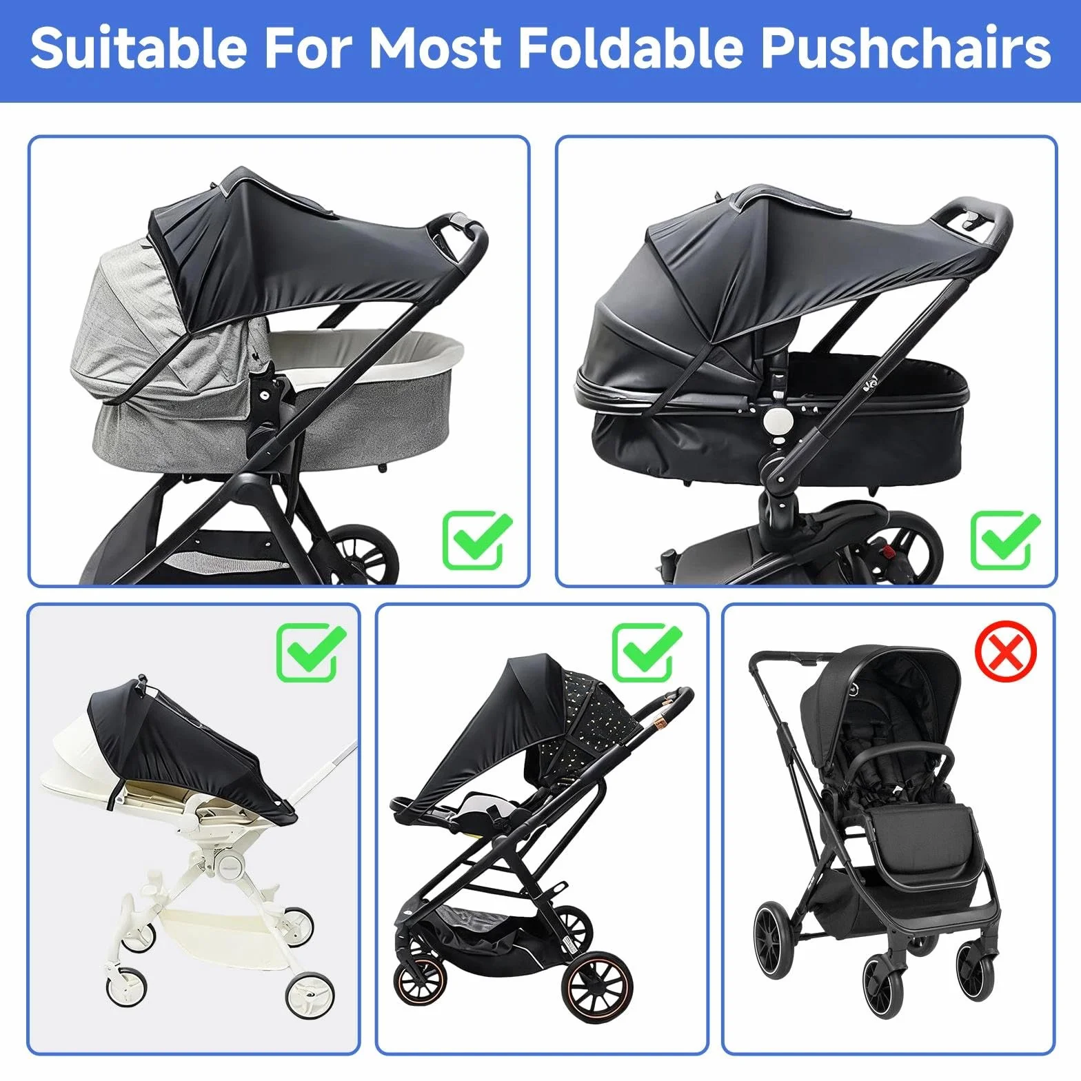Sombrilla Carro Bebe Universal con Protección UV, Transpirable Parasol Carro Bebe con Ventana, Ajustable Universal Protector Solar Carrito Bebé, Negro