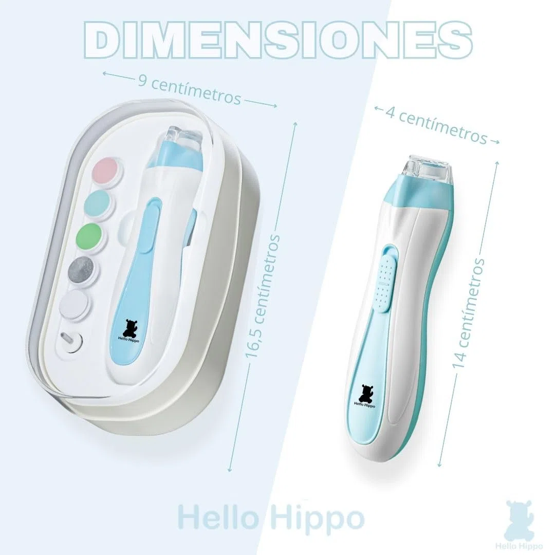 Hello Hippo - Lima de Uñas Eléctrica para Bebé Recién Nacido | Seguridad y Precisión con Luz LED | 4 Velocidades & 6 Cabezas | Kit de Higiene para Bebés Práctico