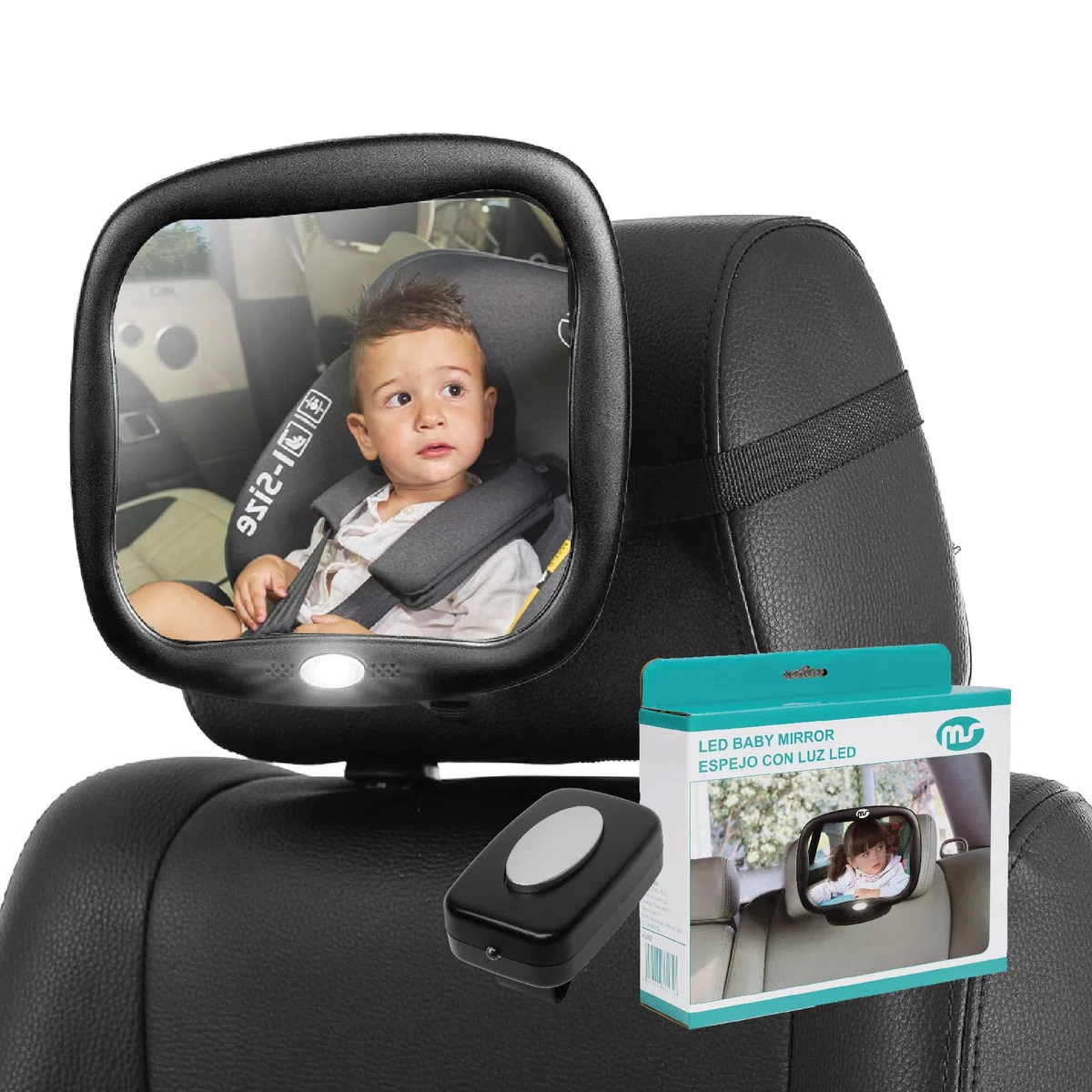 Ms - Espejo de coche para Bebé CON LUZ - Mando a distancia y rotación 360º con Caja Regalo - Instalación Universal