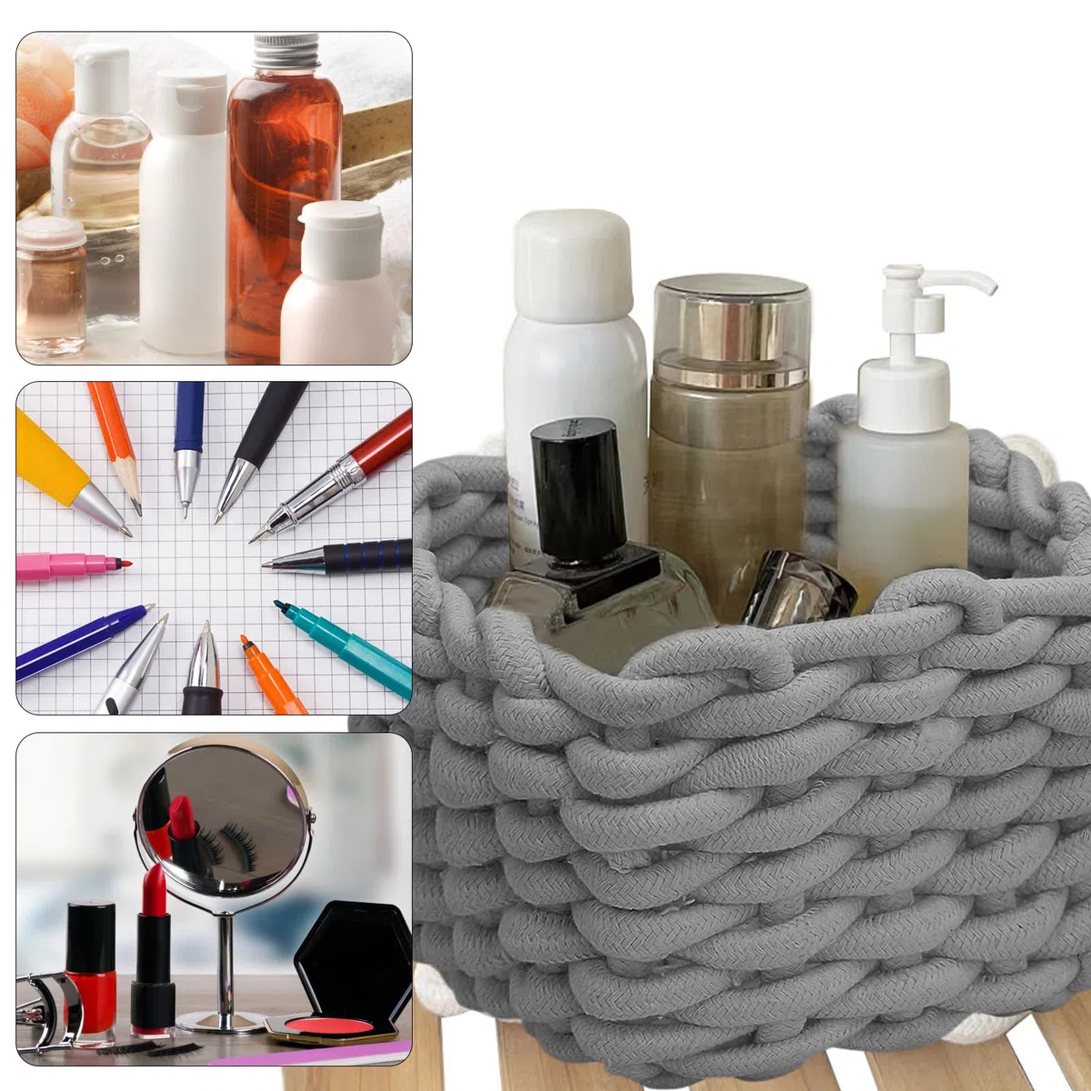 Cestas Almacenaje Gris, Pequeña Cestas Organizadoras Baño, Caja Organizadora en Mesa para Cocina y Dormitorio