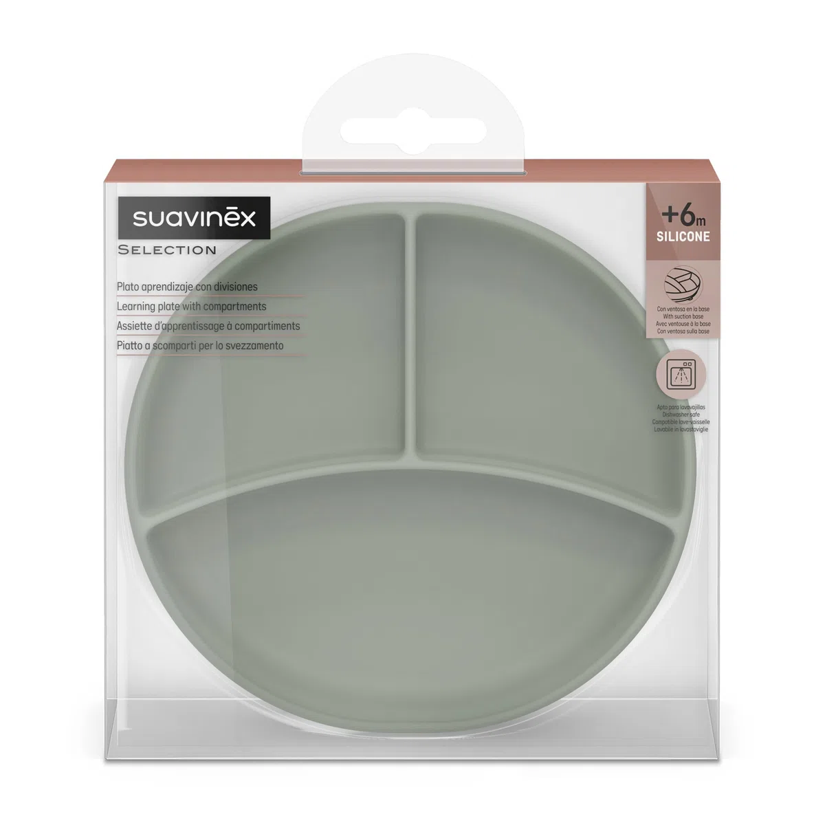 Suavinex, Plato de Bebé con Ventosa, Plato de Silicona con Divisiones, Plato Antivuelco, para Utilizar en la Alimentación Complementaria y BLW, Apto para Lavavajillas y Microondas, +6 Meses, Verde