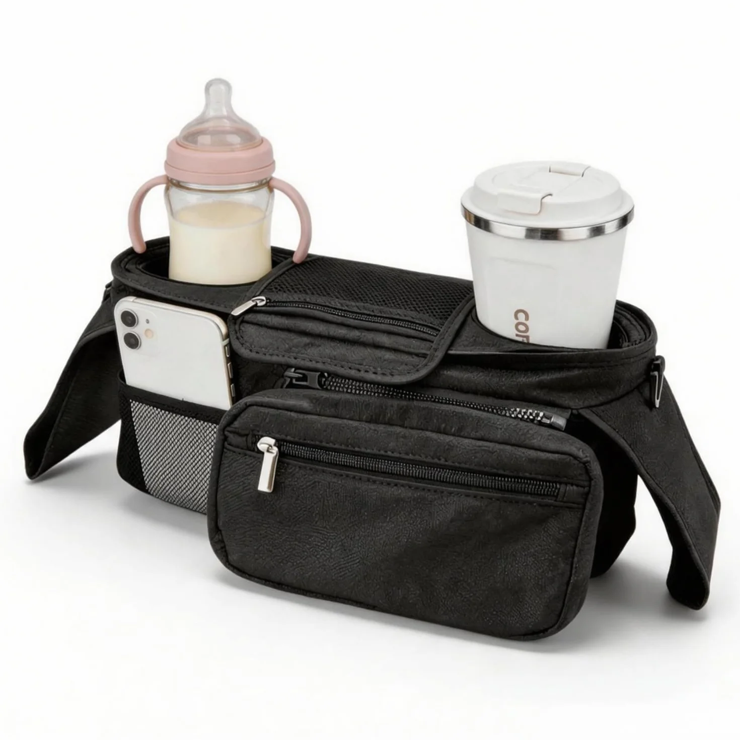 Bolso Carro Bebé Universal con 2 Portavasos Aislados y Monedero Extraíble, Bolsa Organizadora de Cochecitos Impermeable, Correa de Hombro Desmontable para Silla de Paseo y Carrito, Multifuncional