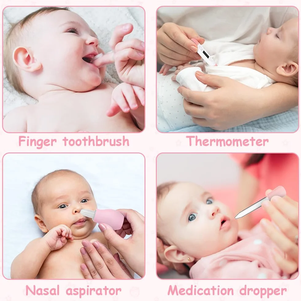 flintronic Set para Cuidado del Bebé, 14 en1, Kit de Cuidado e Higiene para Bebés, Peine, Cepillo, Cepillo de Dientes de Dedo, Cortaúñas(de Madera), Tijeras para Viaje y el Uso Diario, Rosa