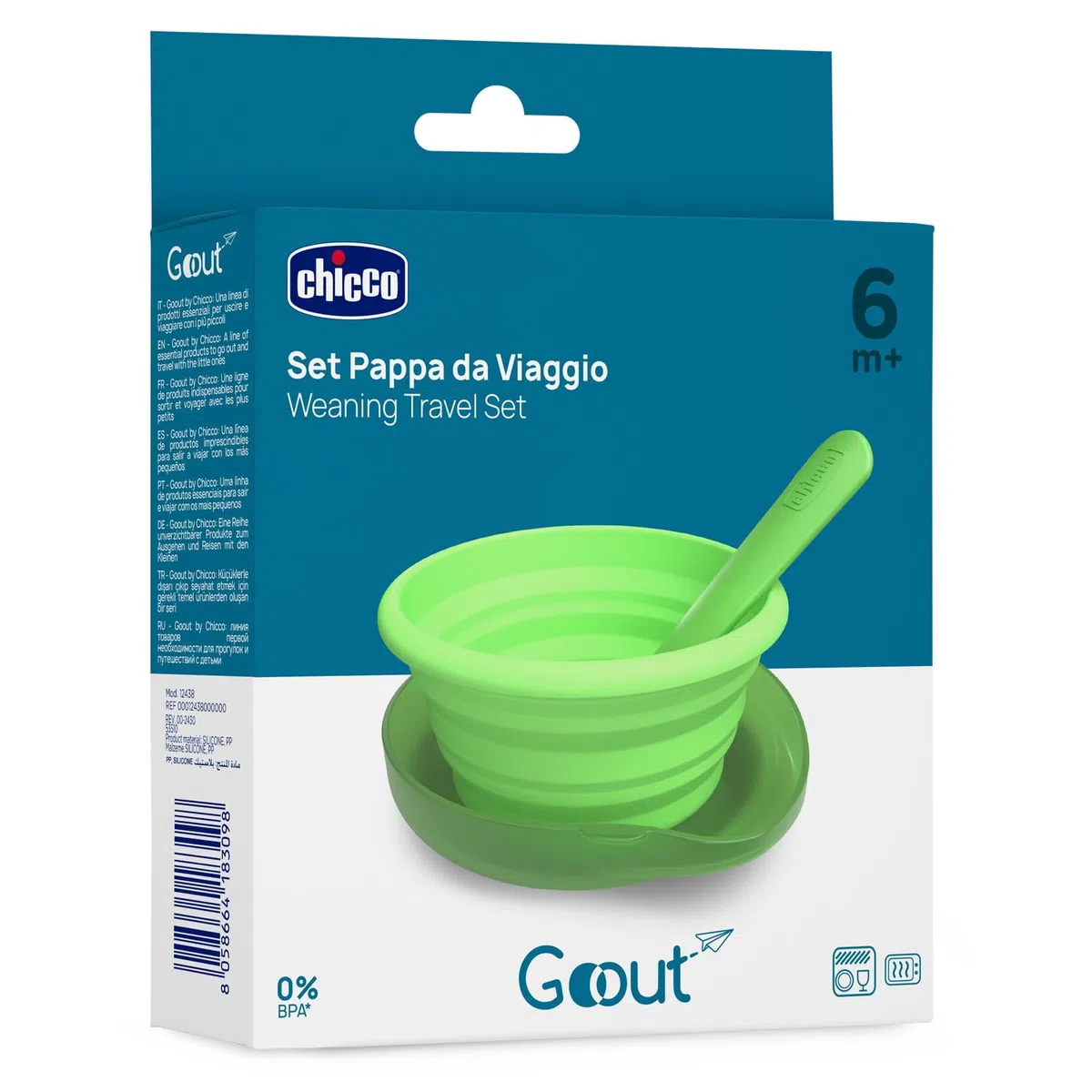 Chicco Set de Comida de Viaje, Plato plegable de silicona de 250 ml, Cuchara práctica, Funda compacta, Ideal para viajar, Kit de comida portátil, Cómodo y fácil de transportar, 6 meses+, Verde