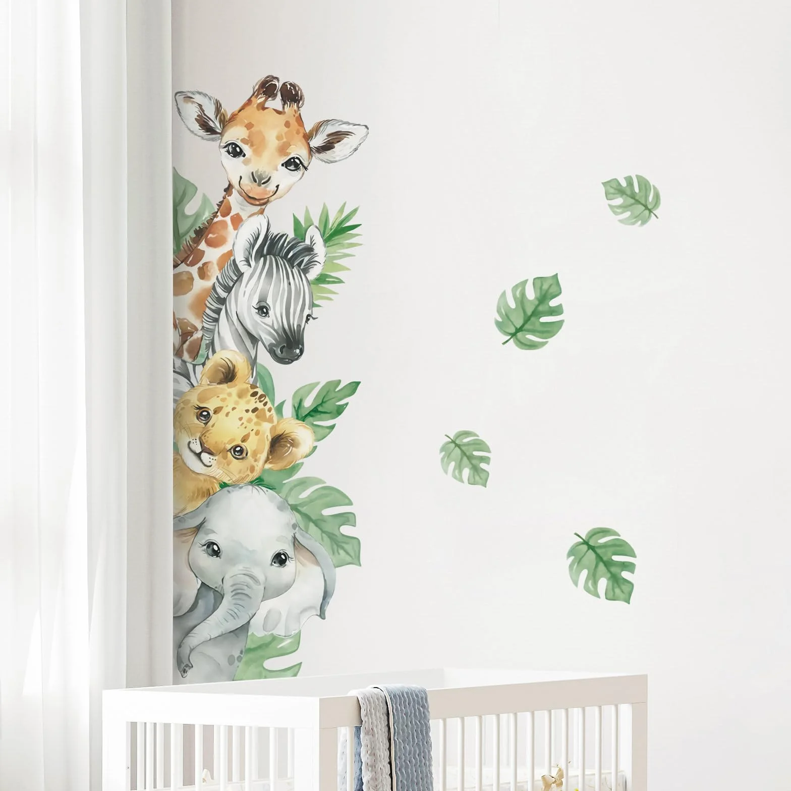 Pegatinas de Pared Animales de la Jungla Jirafa Cebra Hojas Verdes Vinilos Decorativos para Bebé Habitación Guardería