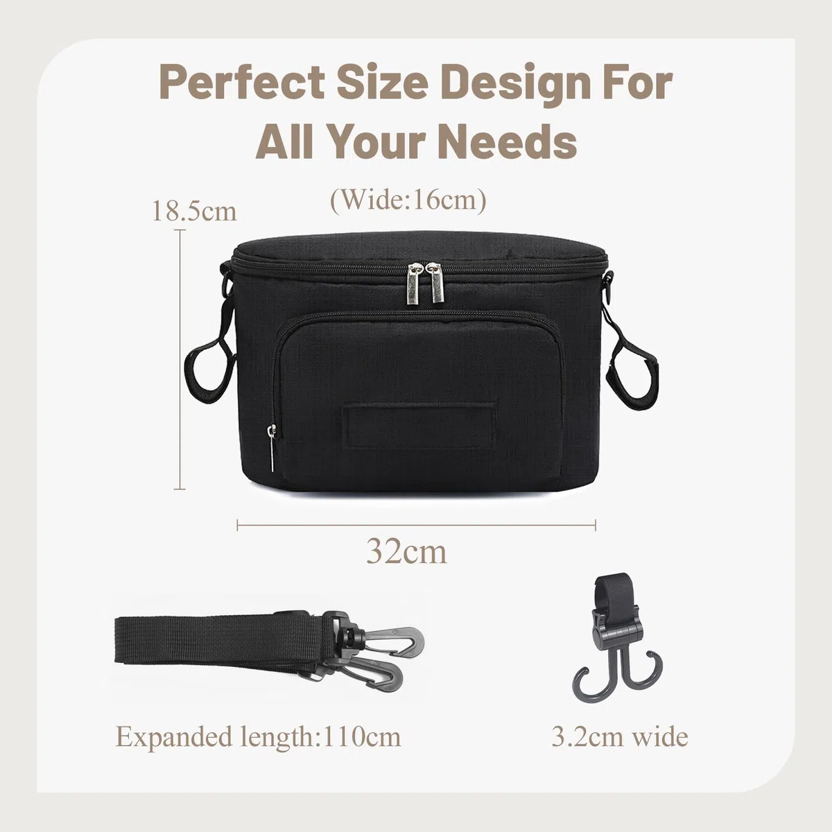 Bolso Carro Bebé, Bolsa Organizadora de Cochecitos con Portavasos y Correa para el Hombro, Universal Impermeable Bolsa Organizador de Cochecito, Multifuncional de Gran Capacidad (Negro)